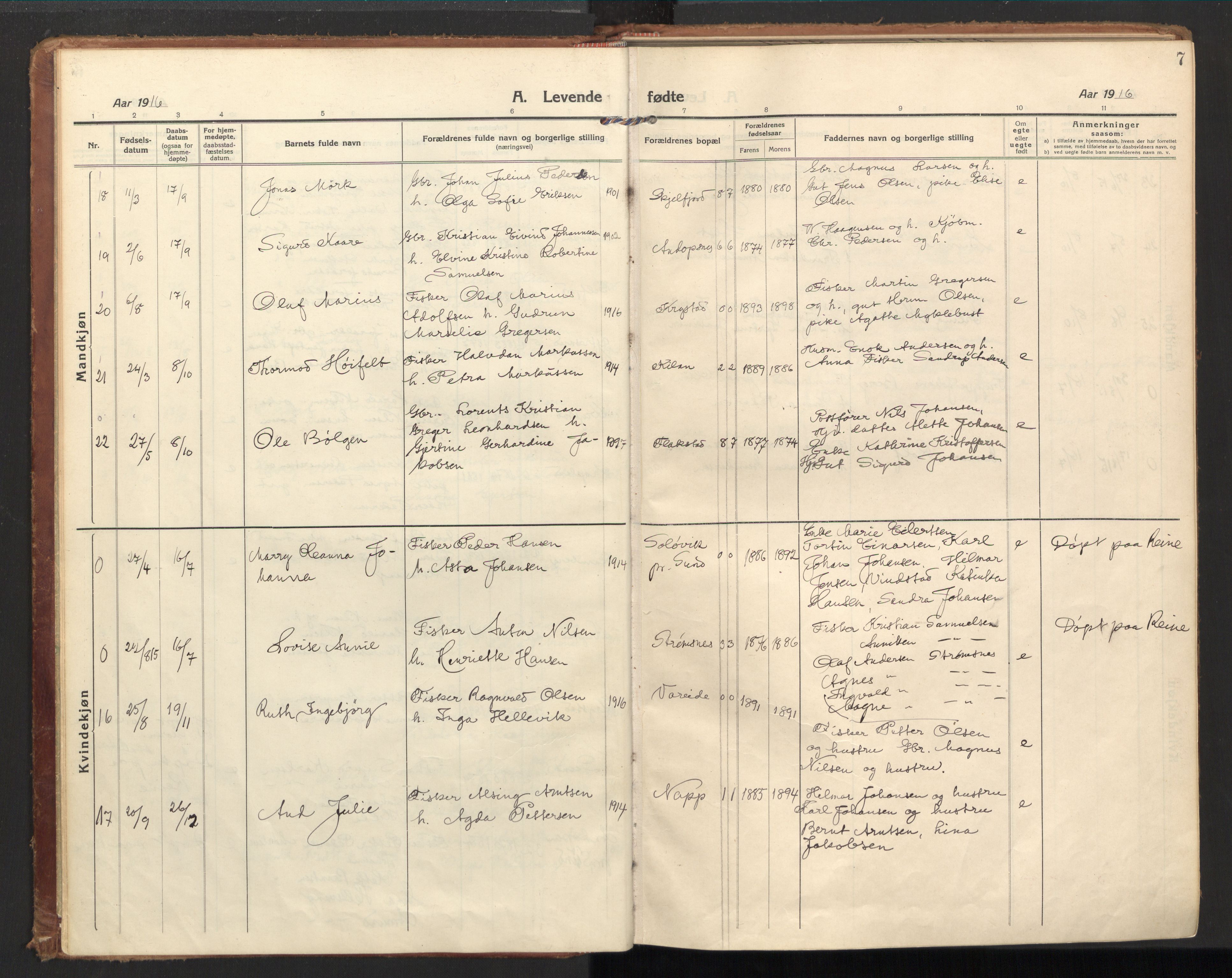 Ministerialprotokoller, klokkerbøker og fødselsregistre - Nordland, AV/SAT-A-1459/885/L1210: Parish register (official) no. 885A10, 1916-1926, p. 7