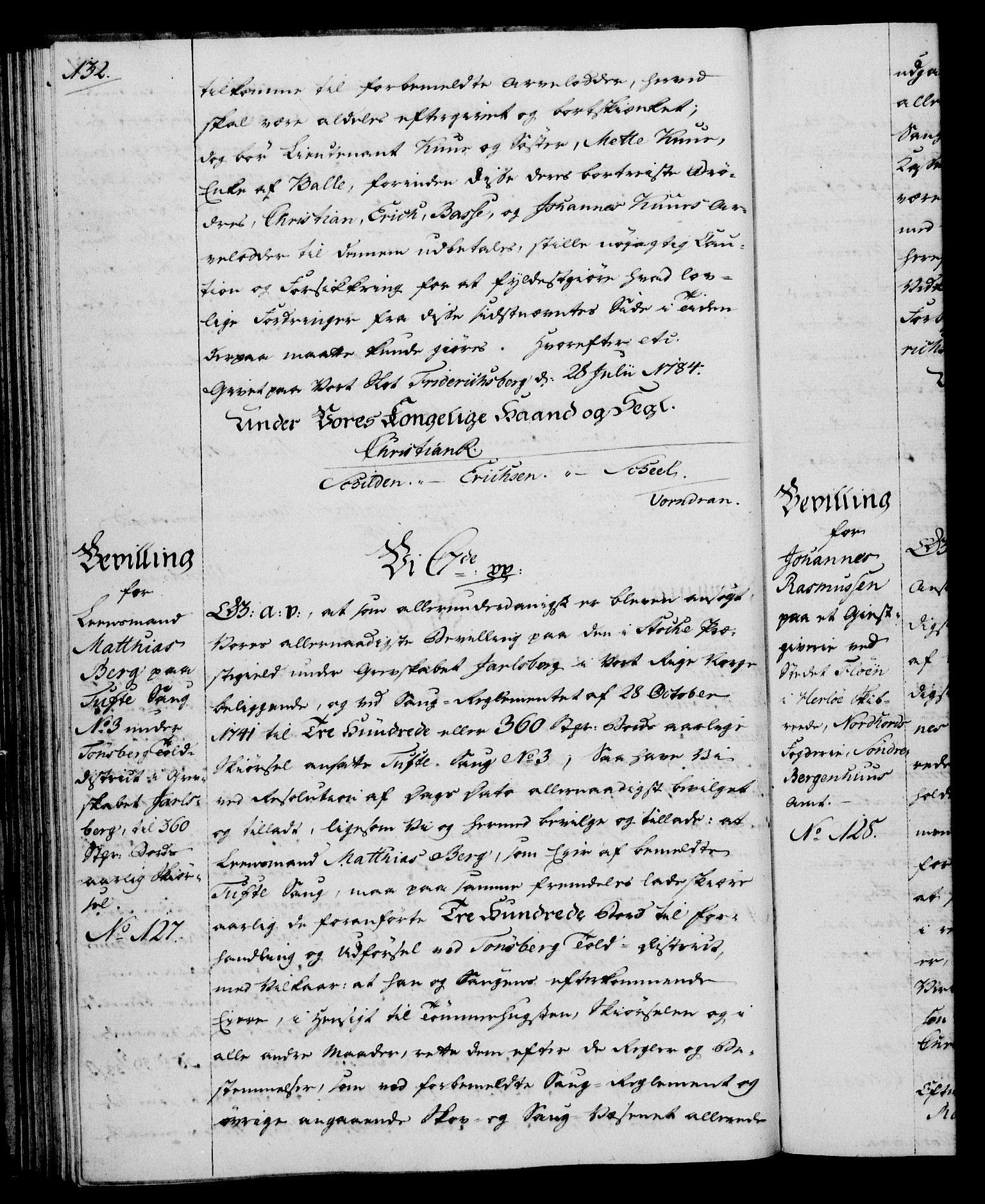 Rentekammeret, Kammerkanselliet, AV/RA-EA-3111/G/Gg/Gga/L0013: Norsk ekspedisjonsprotokoll med register (merket RK 53.13), 1784-1787, p. 132