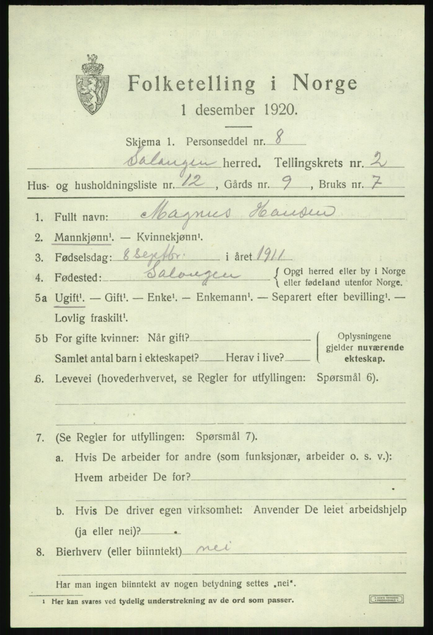 SATØ, 1920 census for Salangen, 1920, p. 1324