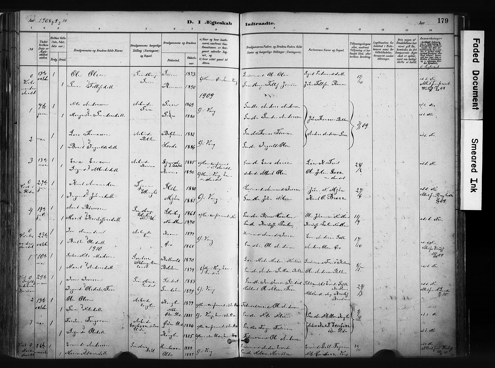 Vang prestekontor, Valdres, SAH/PREST-140/H/Ha/L0008: Parish register (official) no. 8, 1882-1910, p. 179