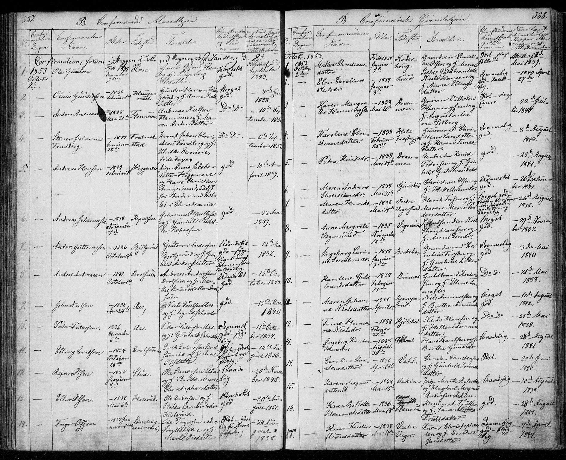 Modum kirkebøker, AV/SAKO-A-234/F/Fa/L0008: Parish register (official) no. 8, 1851-1859, p. 337-338