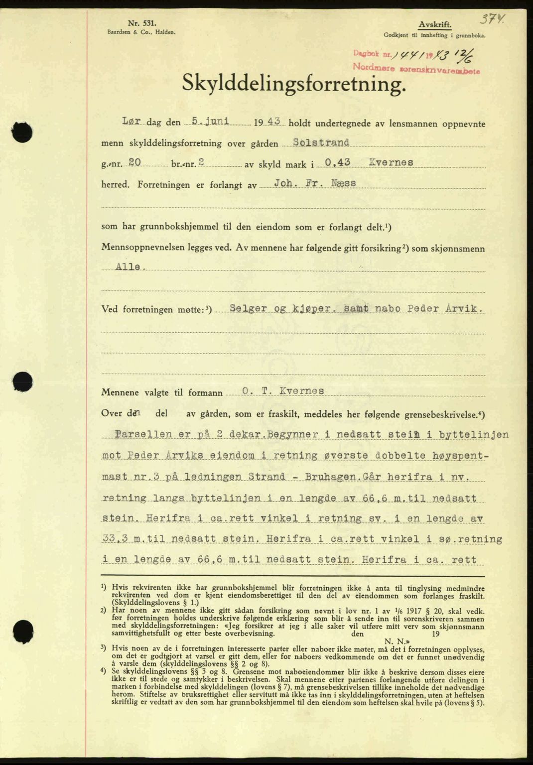 Nordmøre sorenskriveri, AV/SAT-A-4132/1/2/2Ca: Mortgage book no. A95, 1943-1943, Diary no: : 1441/1943