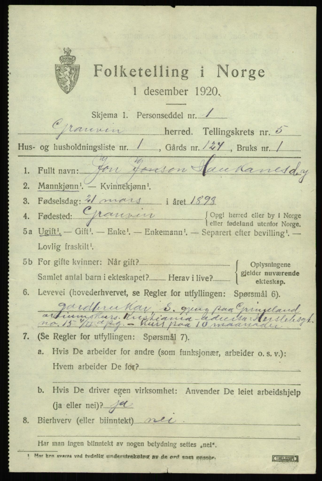 SAB, 1920 census for Granvin, 1920, p. 2356