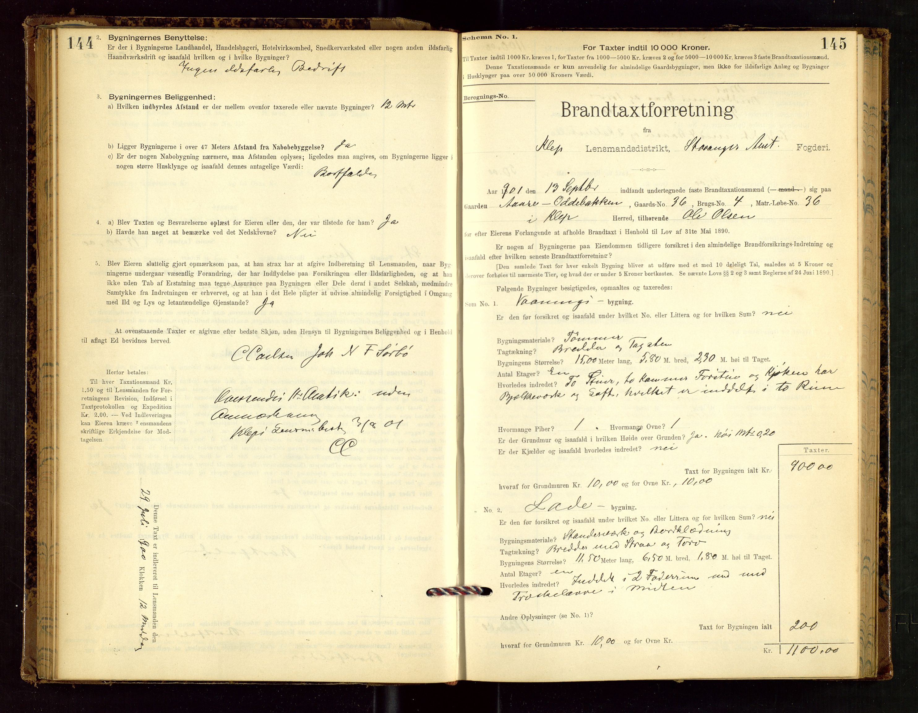 Klepp lensmannskontor, SAST/A-100163/Goc/L0002: "Brandtaxationsprotokol" m/register, 1898-1902, p. 144-145