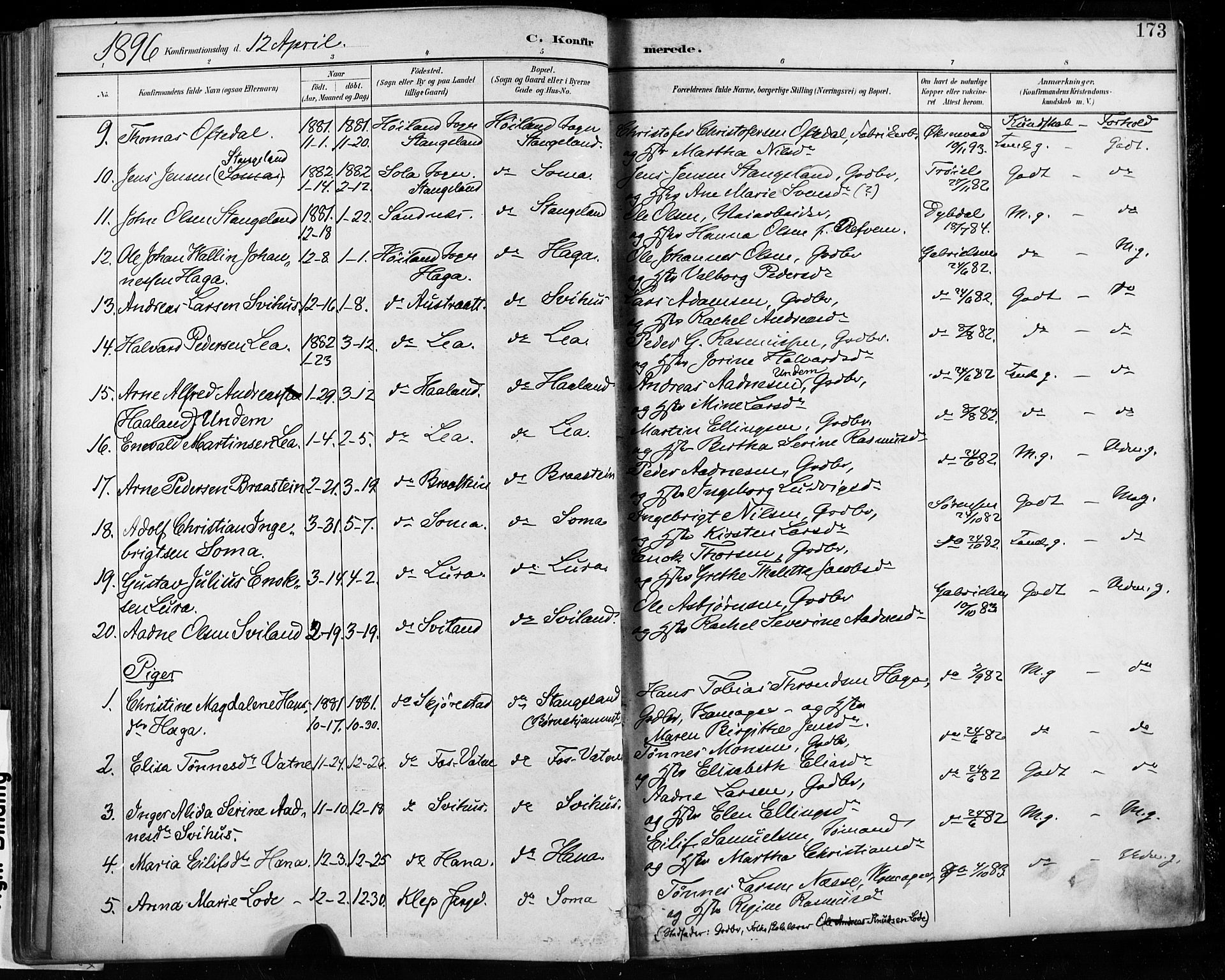 Høyland sokneprestkontor, AV/SAST-A-101799/001/30BA/L0013: Parish register (official) no. A 13.1, 1889-1898, p. 173