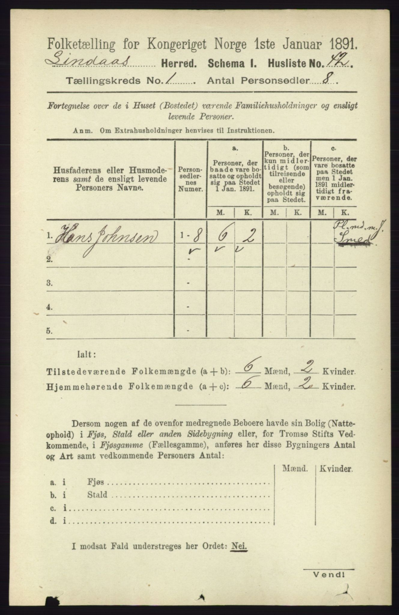 RA, 1891 census for 1263 Lindås, 1891, p. 88