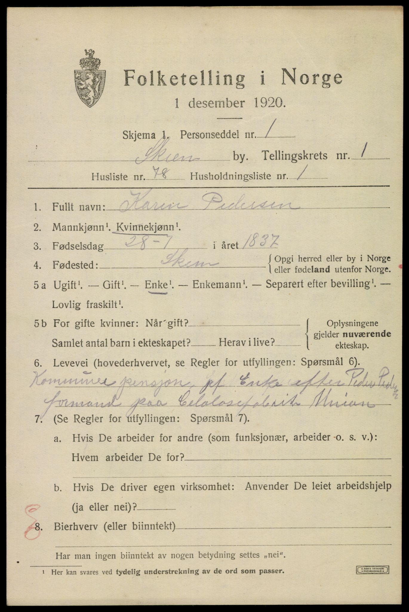 SAKO, 1920 census for Skien, 1920, p. 30790