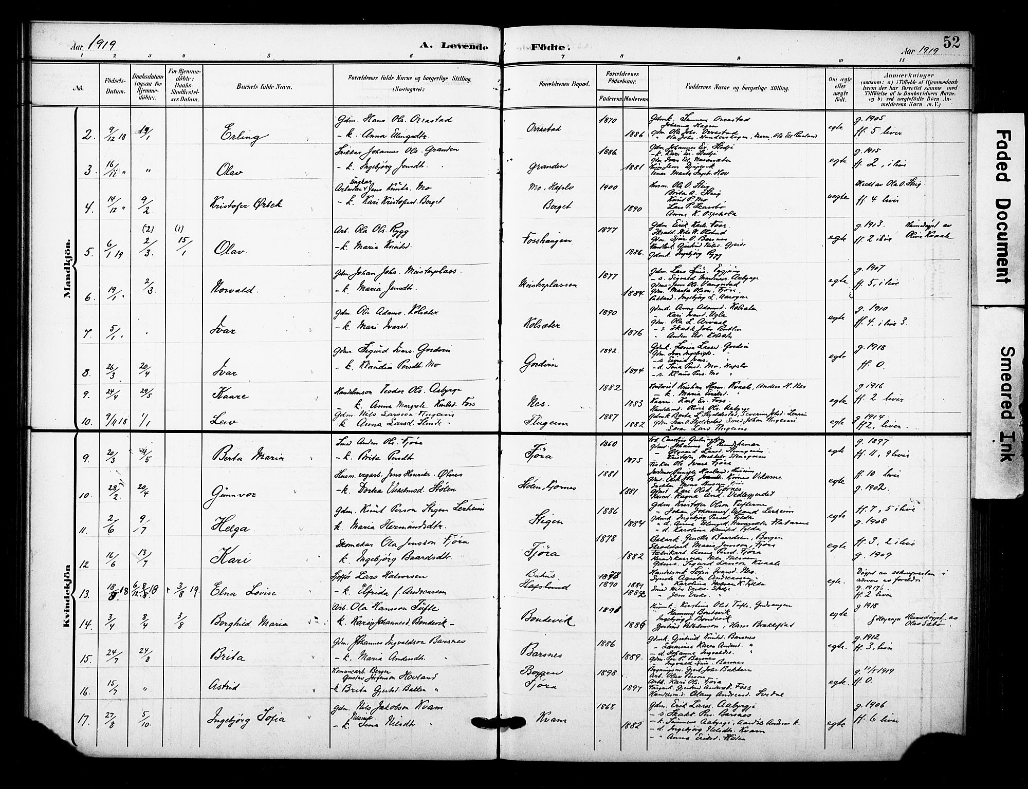 Sogndal sokneprestembete, AV/SAB-A-81301/H/Hab/Haba/L0002: Parish register (copy) no. A 2, 1908-1924, p. 52