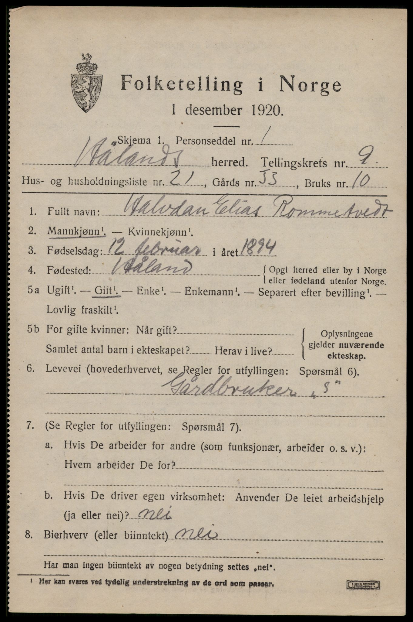 SAST, 1920 census for Håland, 1920, p. 7207