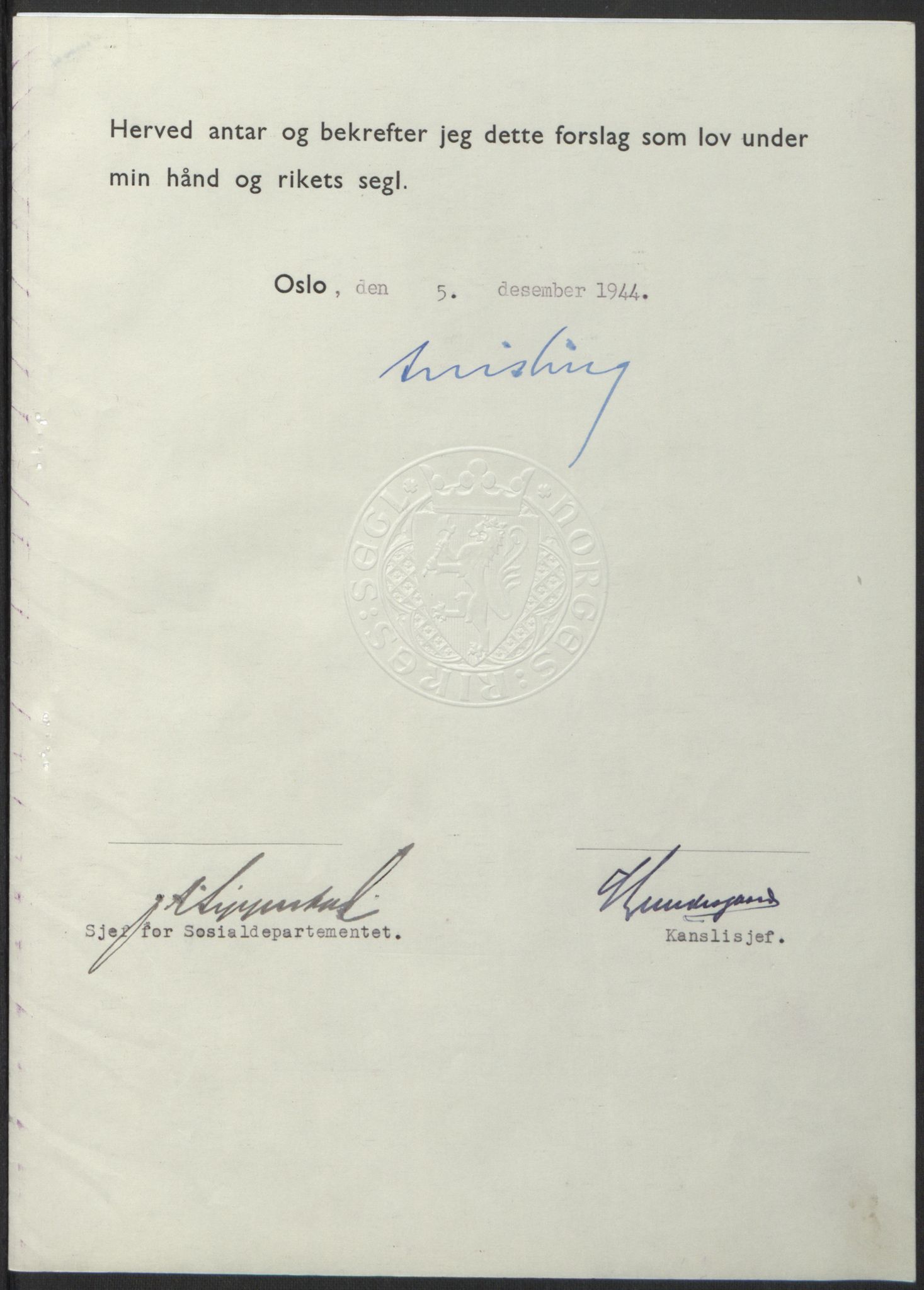 NS-administrasjonen 1940-1945 (Statsrådsekretariatet, de kommisariske statsråder mm), AV/RA-S-4279/D/Db/L0100: Lover, 1944, p. 602