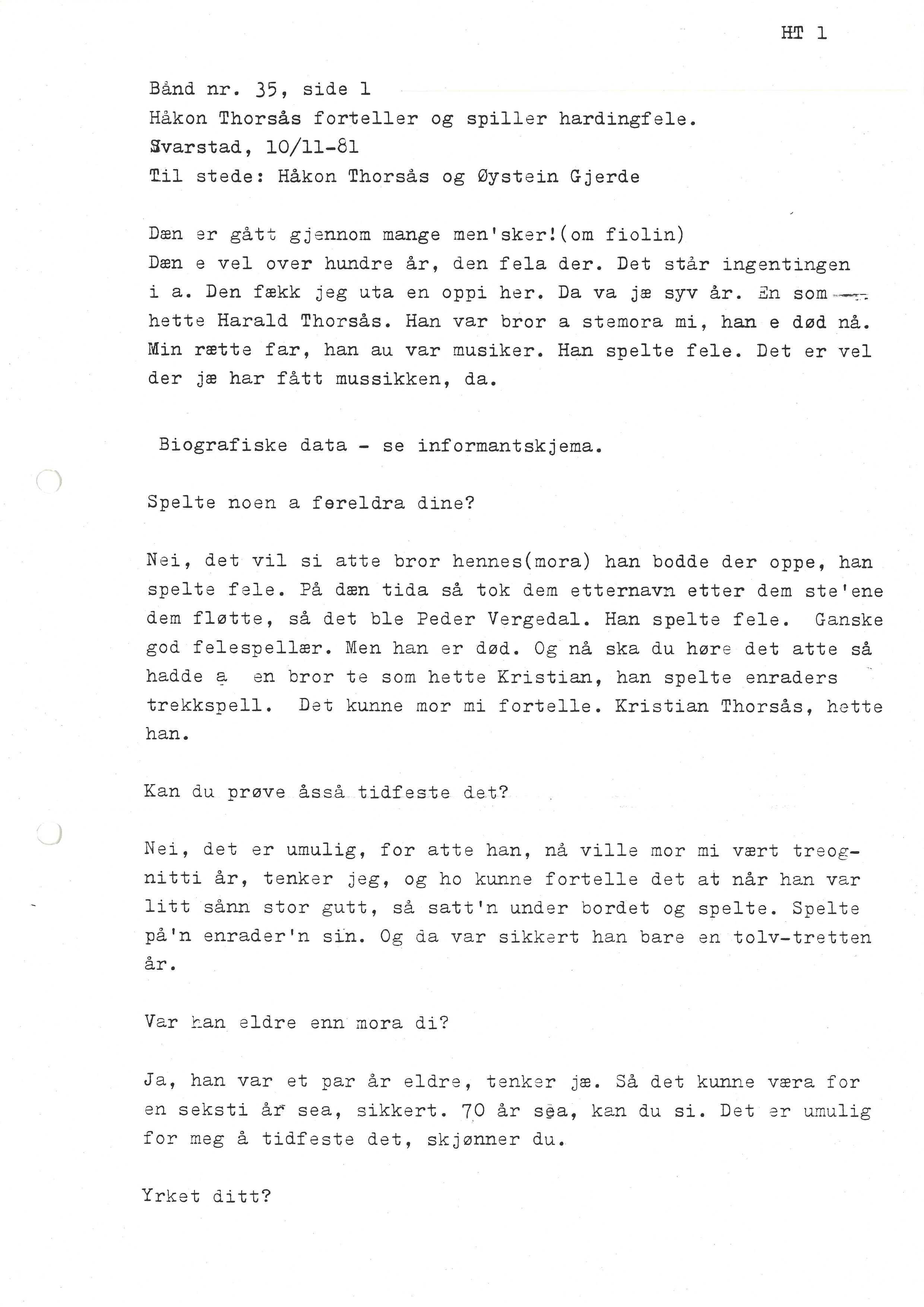 Sa 16 - Folkemusikk fra Vestfold, Gjerdesamlingen, VEMU/A-1868/I/L0001: Informantregister med intervjunedtegnelser, 1979-1986