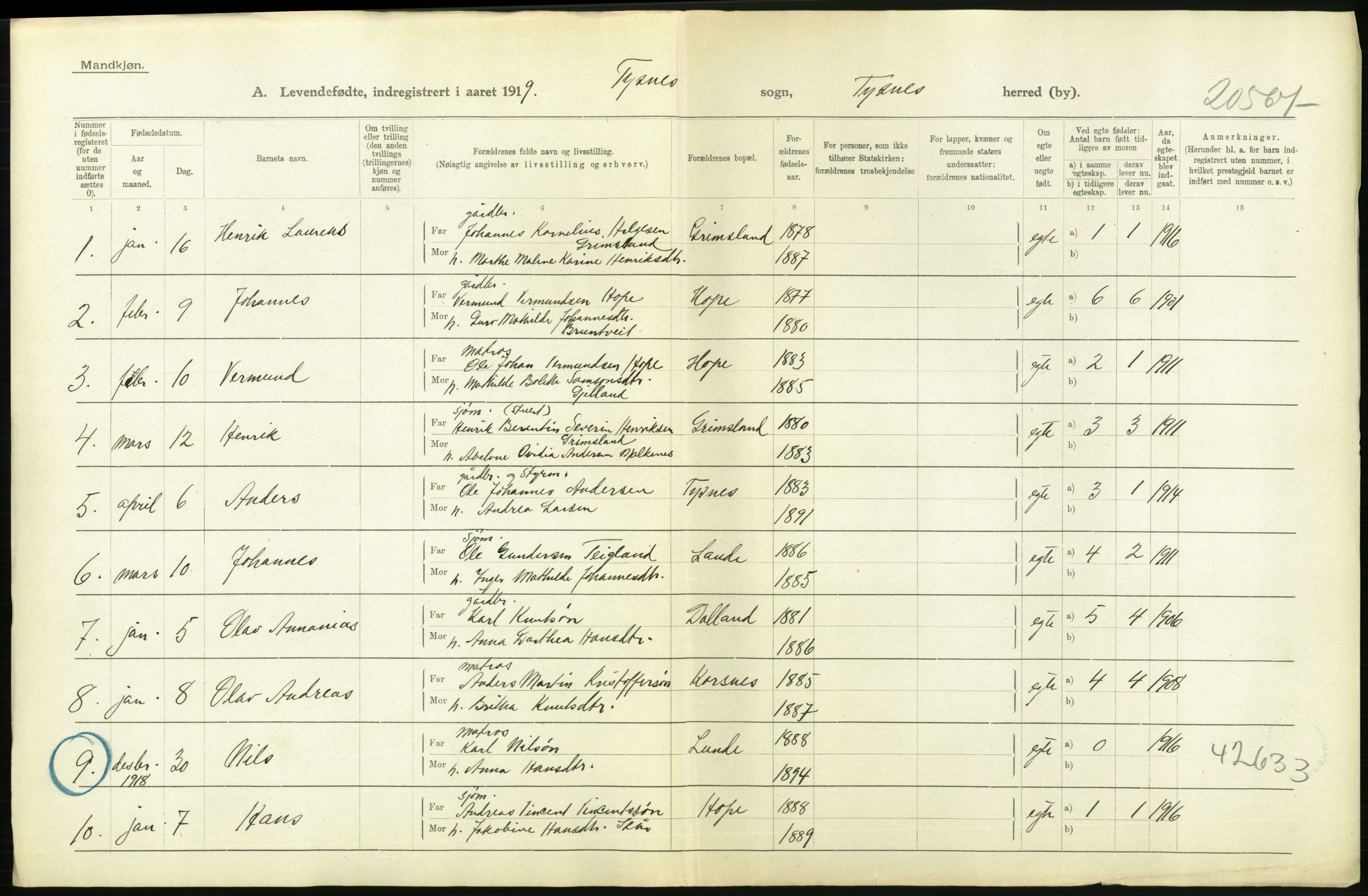 Statistisk sentralbyrå, Sosiodemografiske emner, Befolkning, RA/S-2228/D/Df/Dfb/Dfbi/L0031: Hordaland fylke: Levendefødte menn og kvinner. Bygder., 1919, p. 700