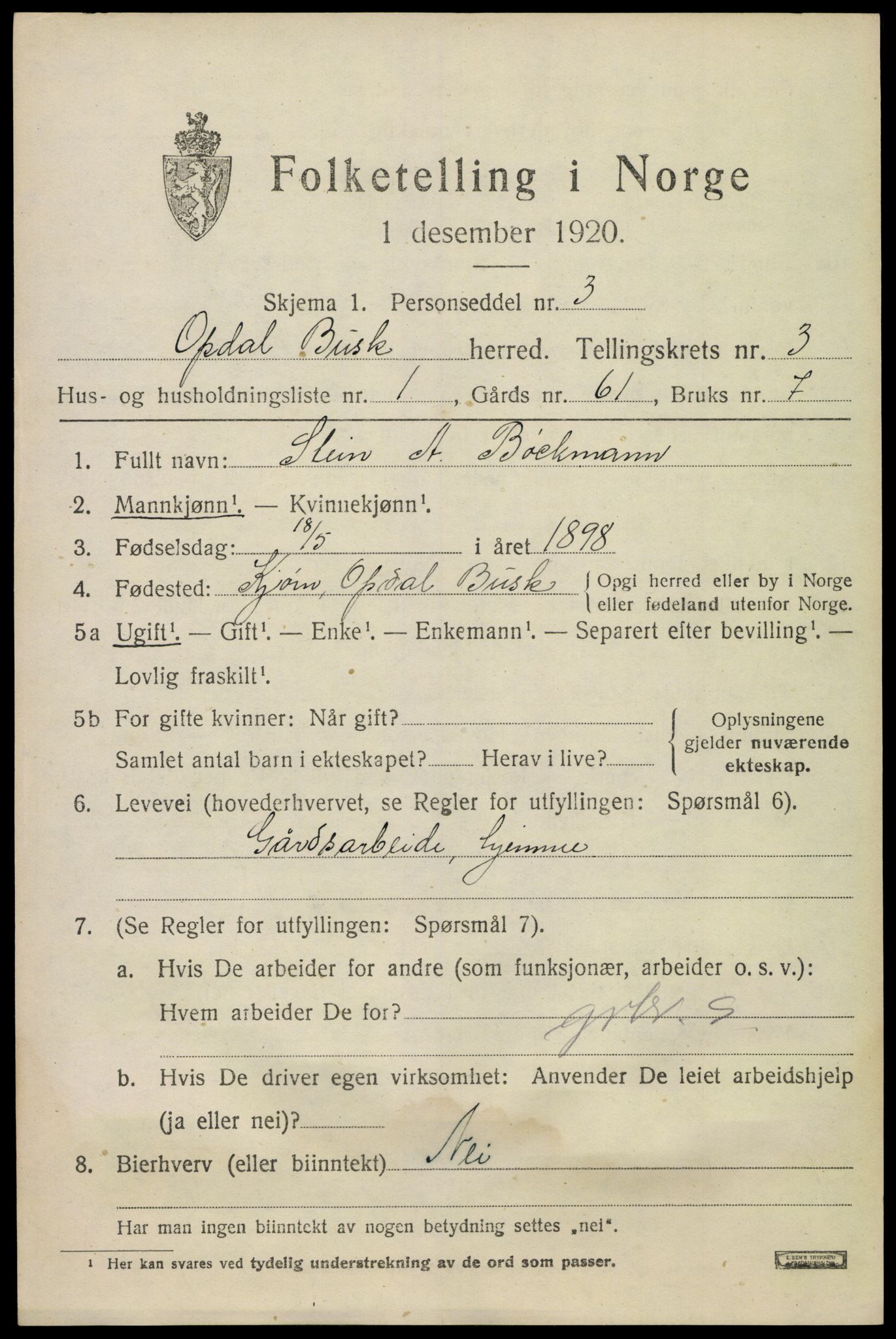 SAKO, 1920 census for Uvdal, 1920, p. 1295