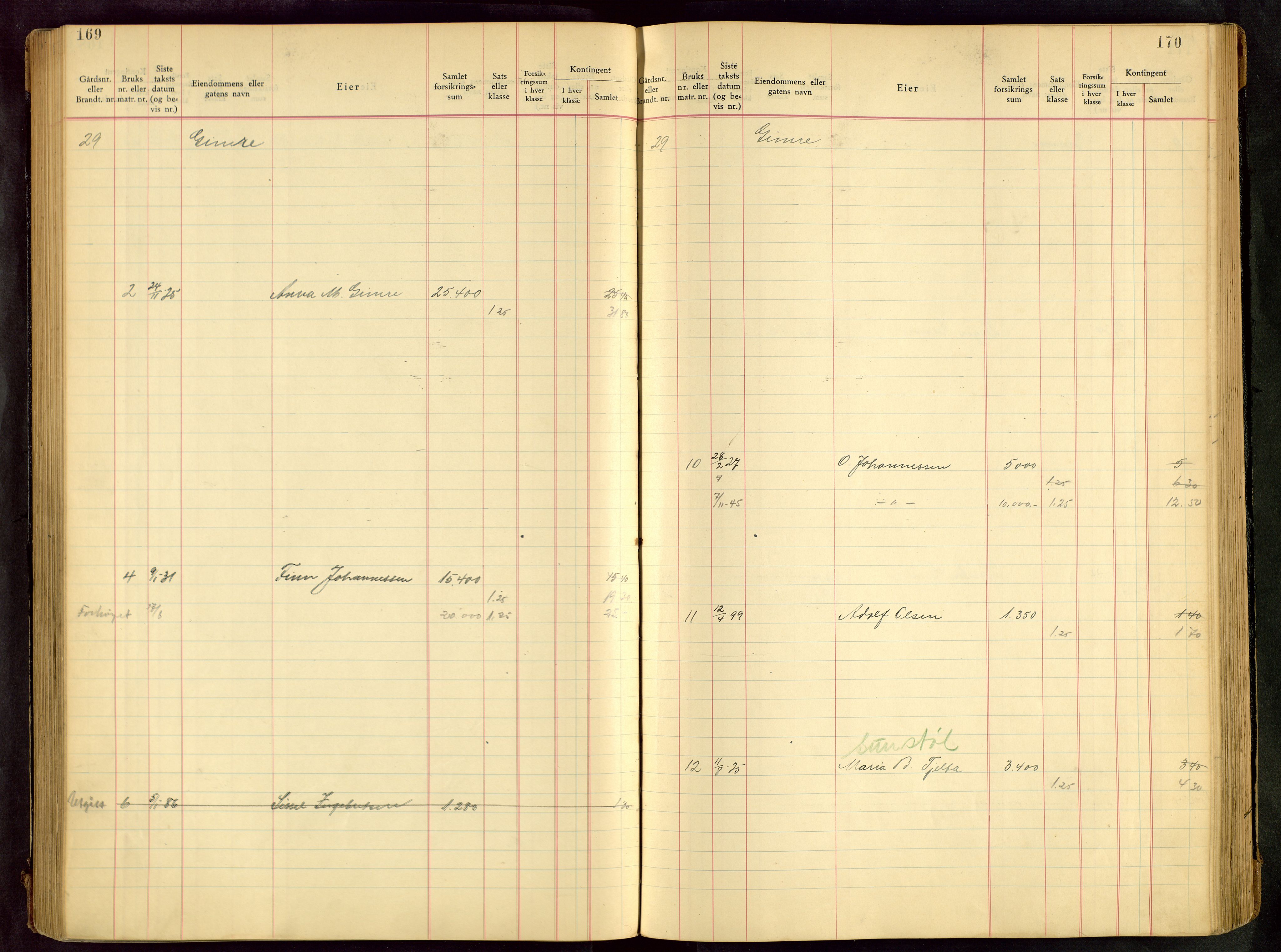 Håland lensmannskontor, SAST/A-100100/Goa/L0001: Beregningsprotokoll brannforsikring, 1932-1947, p. 169-170