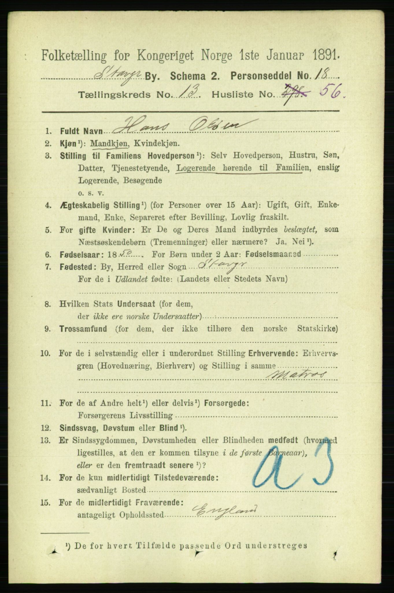 RA, 1891 census for 1103 Stavanger, 1891, p. 16482