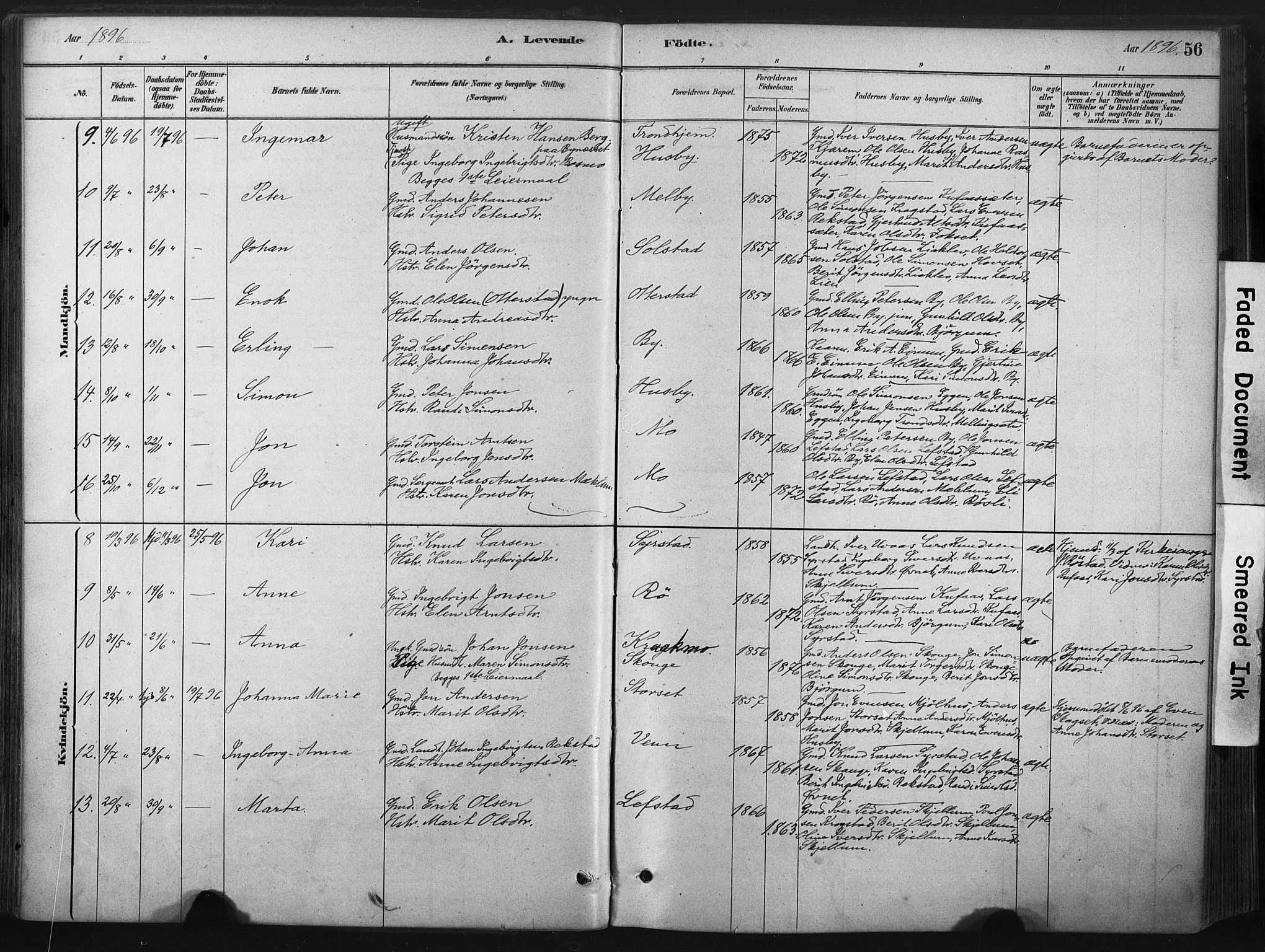 Ministerialprotokoller, klokkerbøker og fødselsregistre - Sør-Trøndelag, SAT/A-1456/667/L0795: Parish register (official) no. 667A03, 1879-1907, p. 56