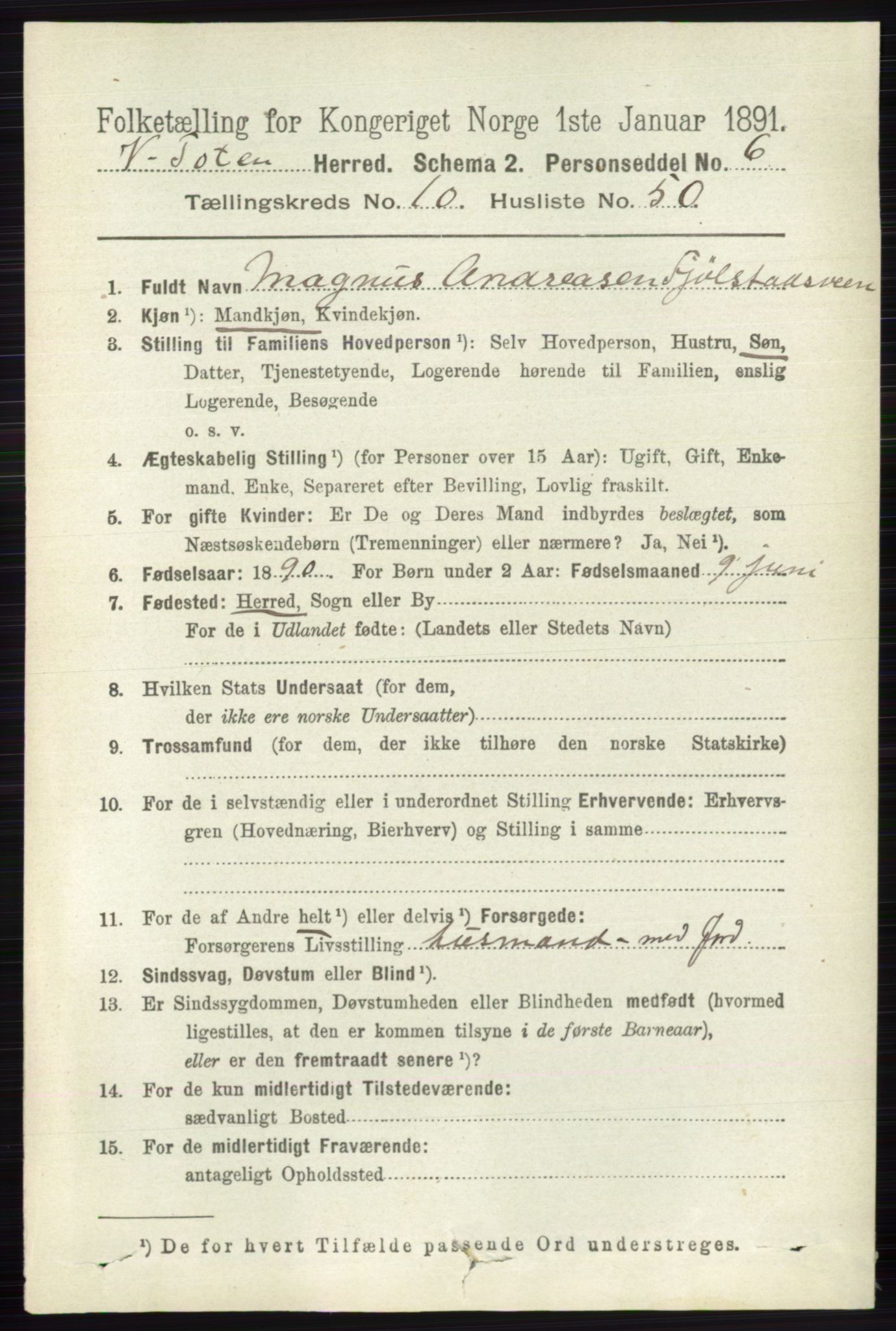 RA, 1891 census for 0529 Vestre Toten, 1891, p. 6493