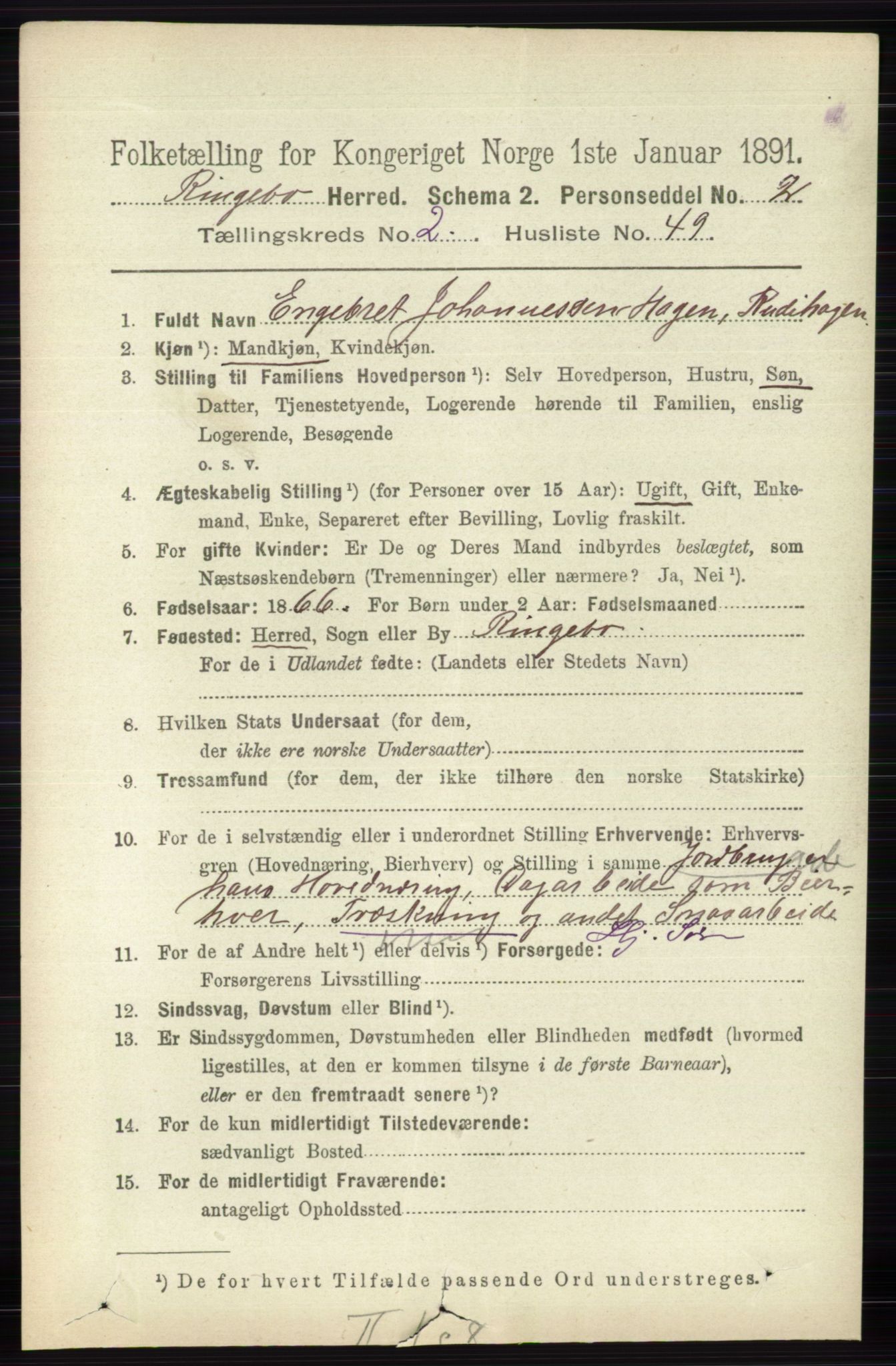 RA, 1891 census for 0520 Ringebu, 1891, p. 618