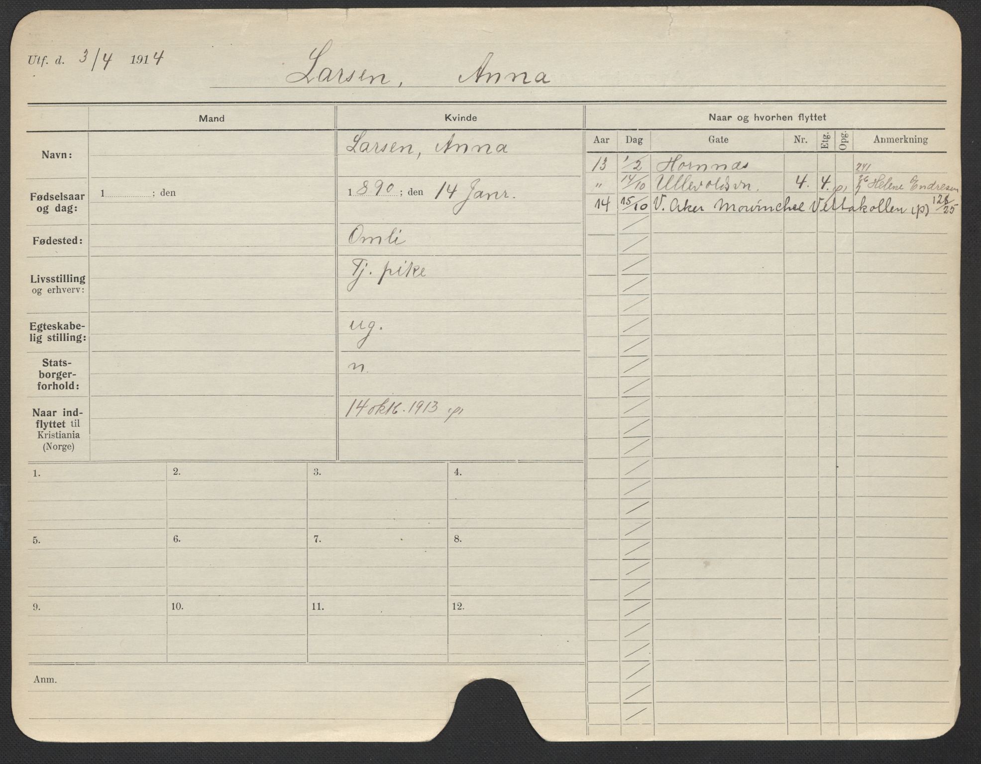 Oslo folkeregister, Registerkort, AV/SAO-A-11715/F/Fa/Fac/L0019: Kvinner, 1906-1914, p. 802a