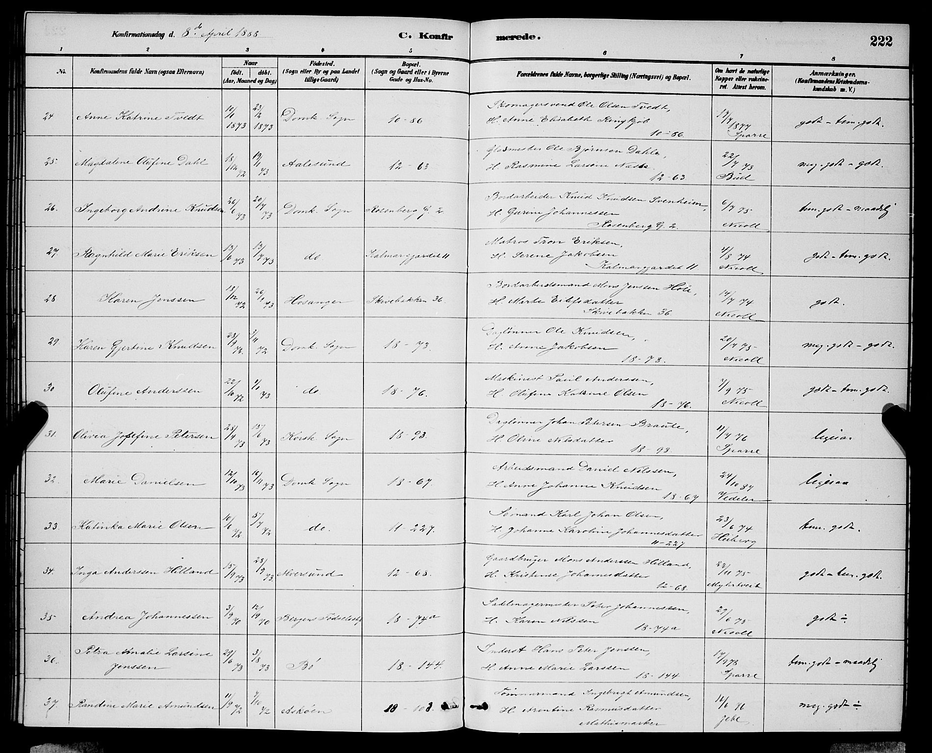 Domkirken sokneprestembete, SAB/A-74801/H/Hab/L0024: Parish register (copy) no. C 4, 1880-1899, p. 222