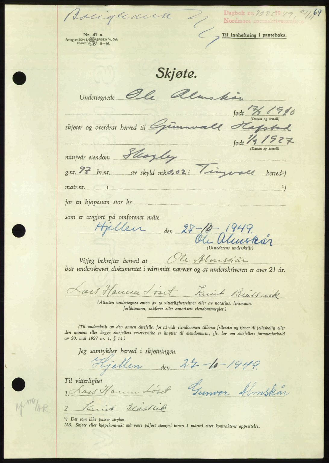 Nordmøre sorenskriveri, AV/SAT-A-4132/1/2/2Ca: Mortgage book no. A113, 1949-1950, Diary no: : 3235/1949