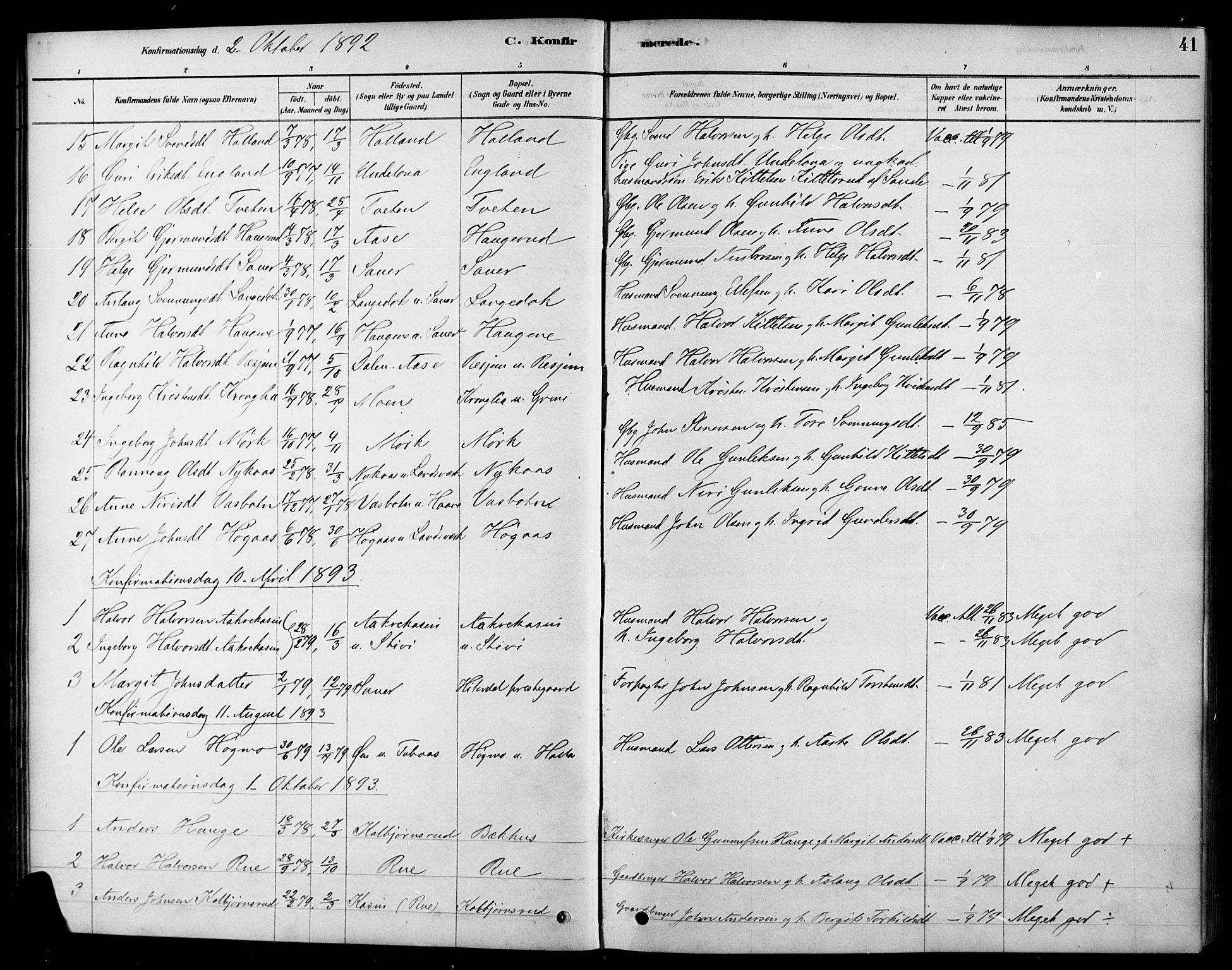 Heddal kirkebøker, SAKO/A-268/F/Fa/L0009: Parish register (official) no. I 9, 1878-1903, p. 41