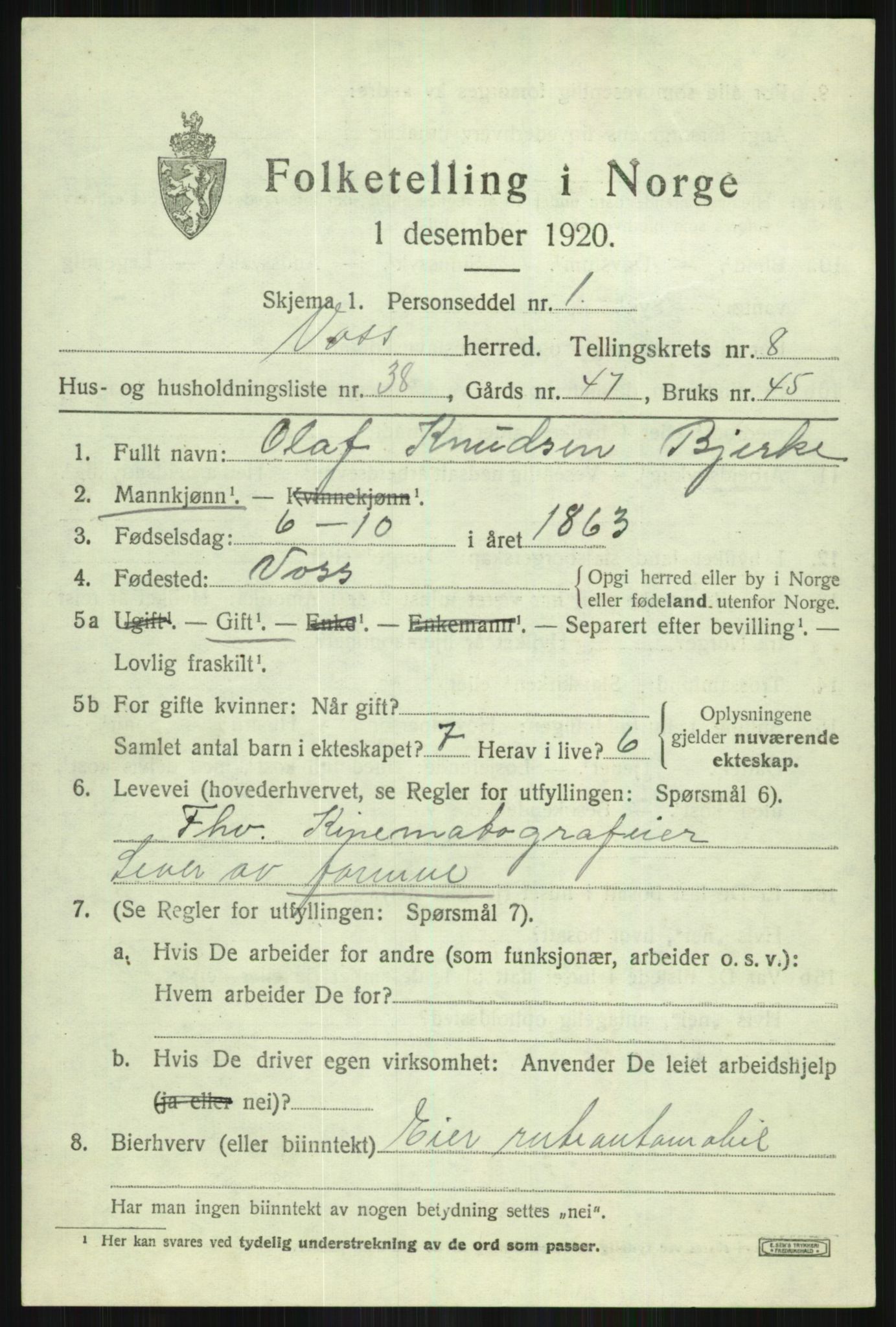 SAB, 1920 census for Voss, 1920, p. 8235