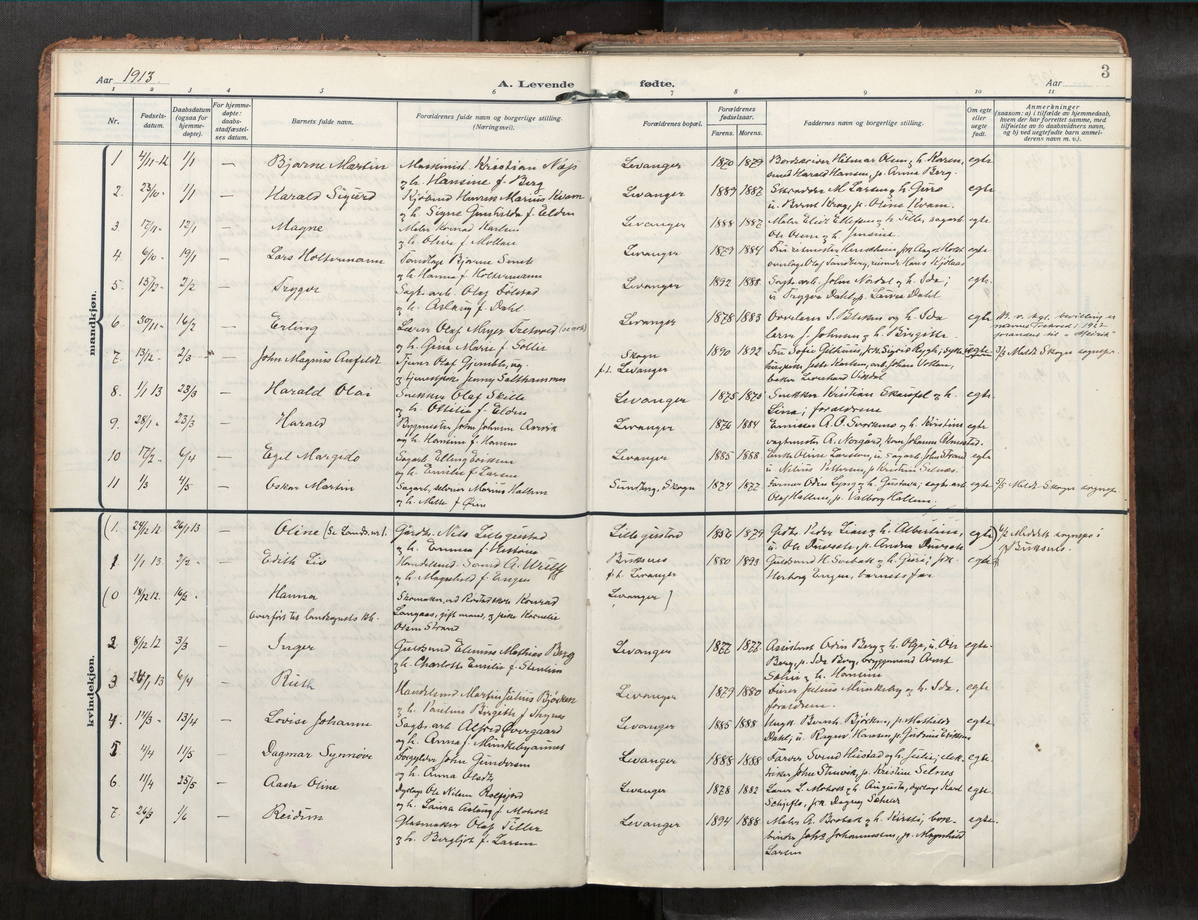 Levanger sokneprestkontor, SAT/A-1301/2/H/Haa/L0001: Parish register (official) no. 1, 1912-1932, p. 3