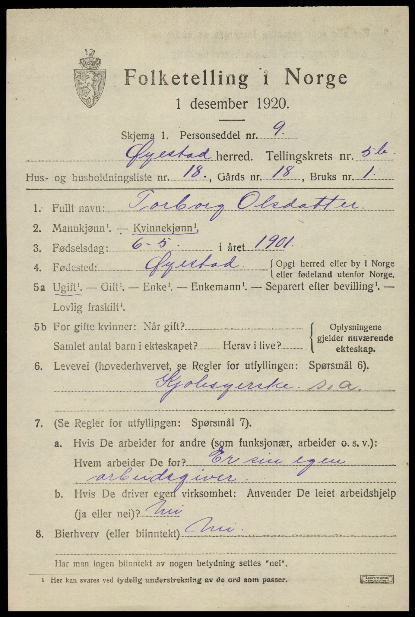 SAK, 1920 census for Øyestad, 1920, p. 4176