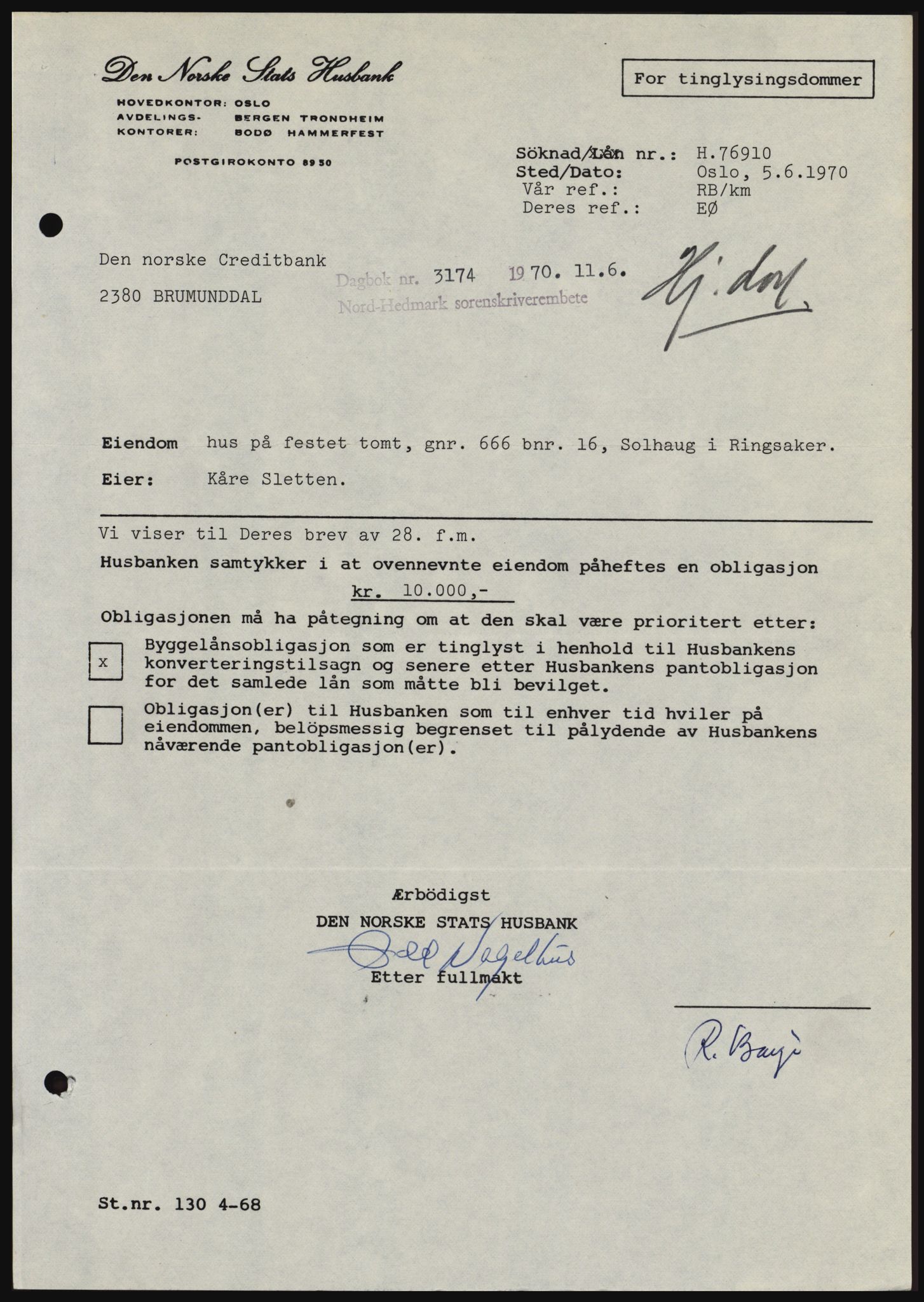 Nord-Hedmark sorenskriveri, SAH/TING-012/H/Hc/L0033: Mortgage book no. 33, 1970-1970, Diary no: : 3174/1970