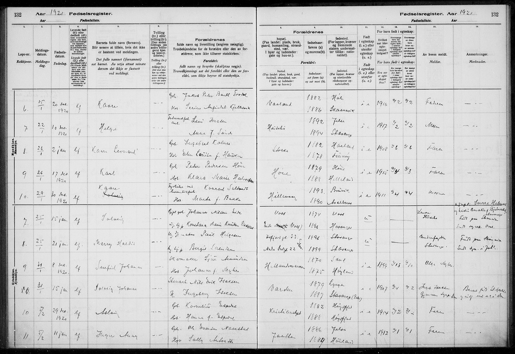 Hetland sokneprestkontor, SAST/A-101826/70/704BA/L0003: Birth register no. 1, 1916-1923, p. 132