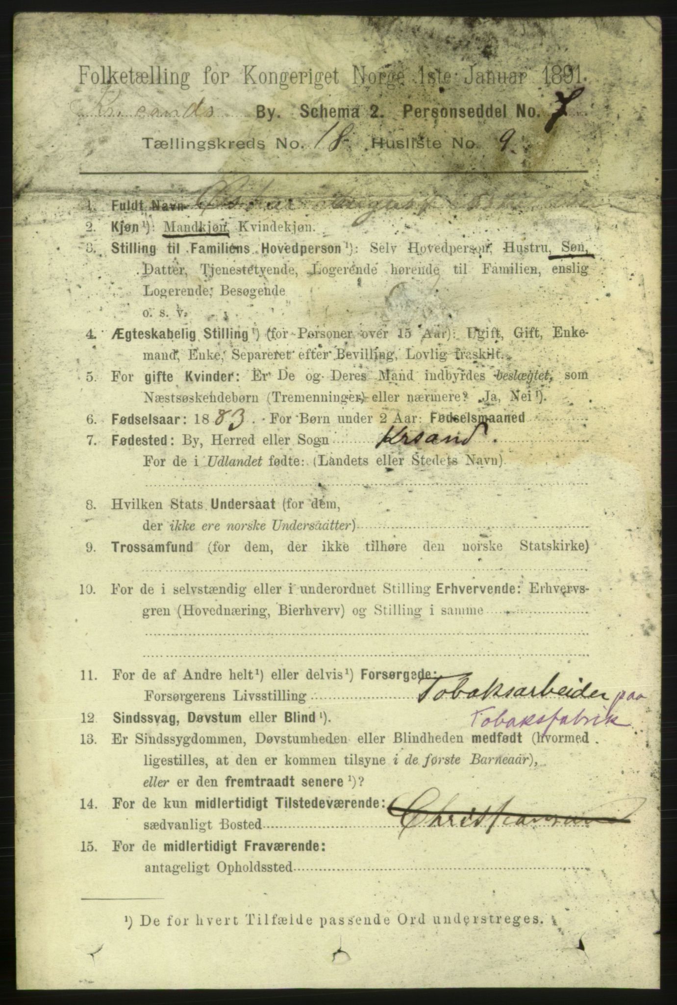 RA, 1891 census for 1001 Kristiansand, 1891, p. 7289