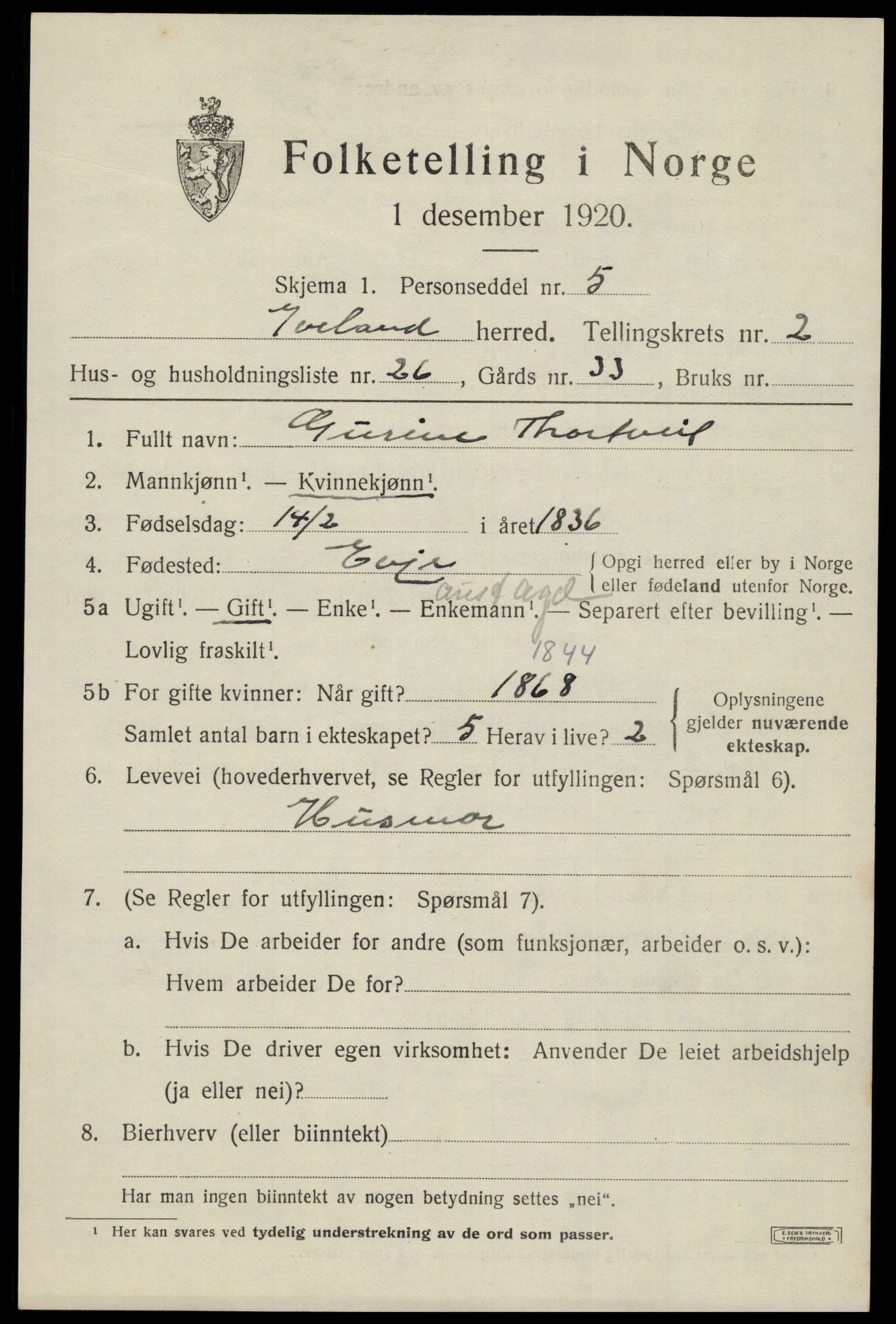 SAK, 1920 census for Iveland, 1920, p. 933