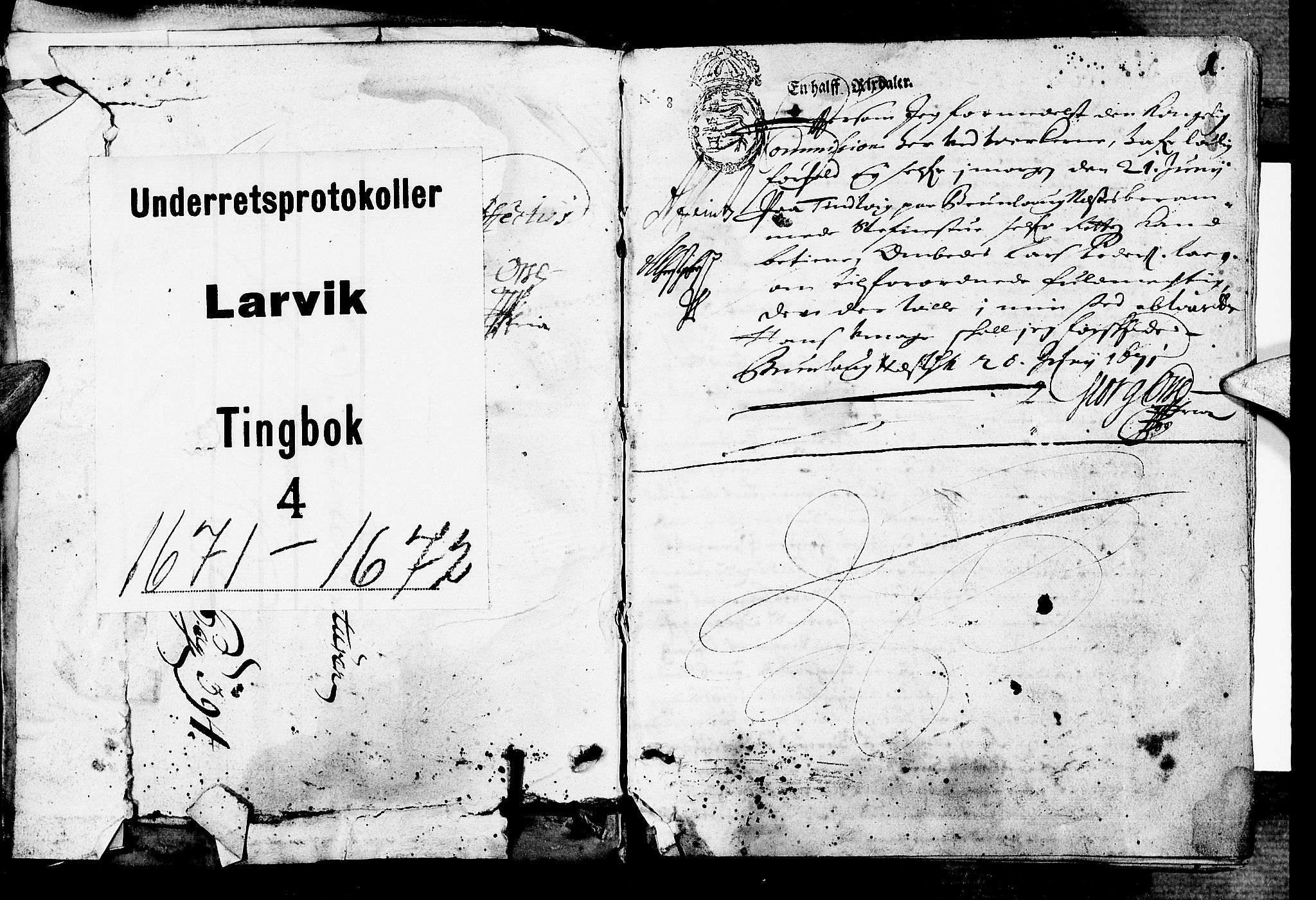 Larvik sorenskriveri, AV/SAKO-A-83/F/Fa/L0004: Tingbok, 1671-1672, p. 1