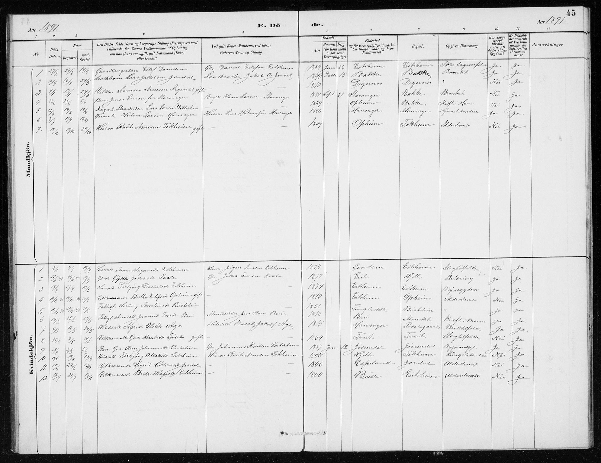 Odda Sokneprestembete, SAB/A-77201/H/Haa: Parish register (official) no. D 1, 1887-1914, p. 45