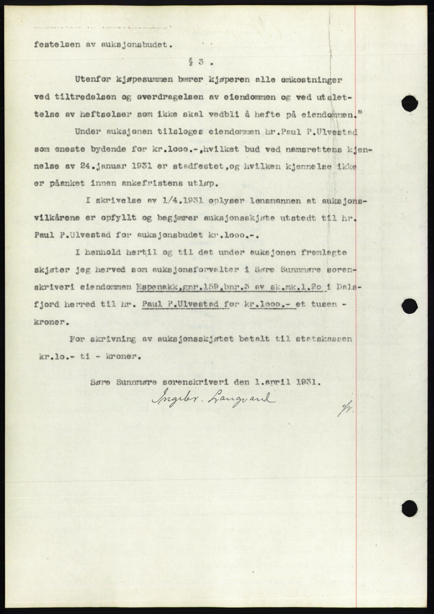 Søre Sunnmøre sorenskriveri, AV/SAT-A-4122/1/2/2C/L0052: Mortgage book no. 46, 1931-1931, Deed date: 11.04.1931