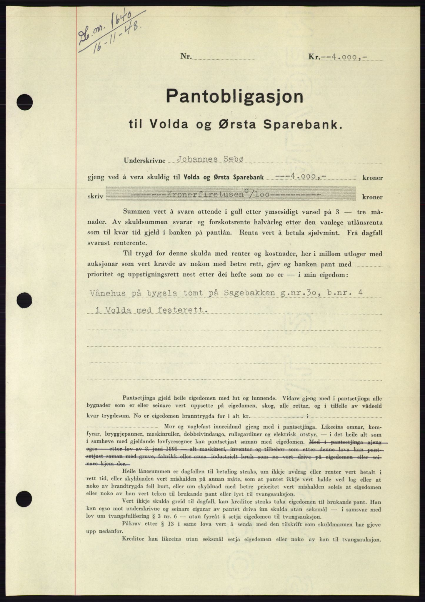 Søre Sunnmøre sorenskriveri, AV/SAT-A-4122/1/2/2C/L0116: Mortgage book no. 4B, 1948-1949, Diary no: : 1640/1948