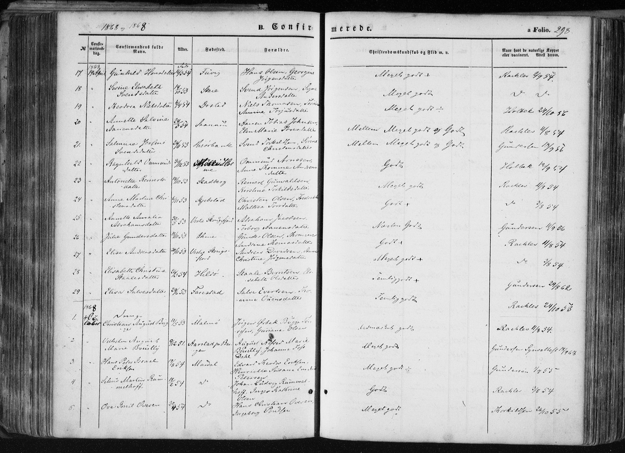 Mandal sokneprestkontor, AV/SAK-1111-0030/F/Fa/Faa/L0014: Parish register (official) no. A 14, 1859-1872, p. 298