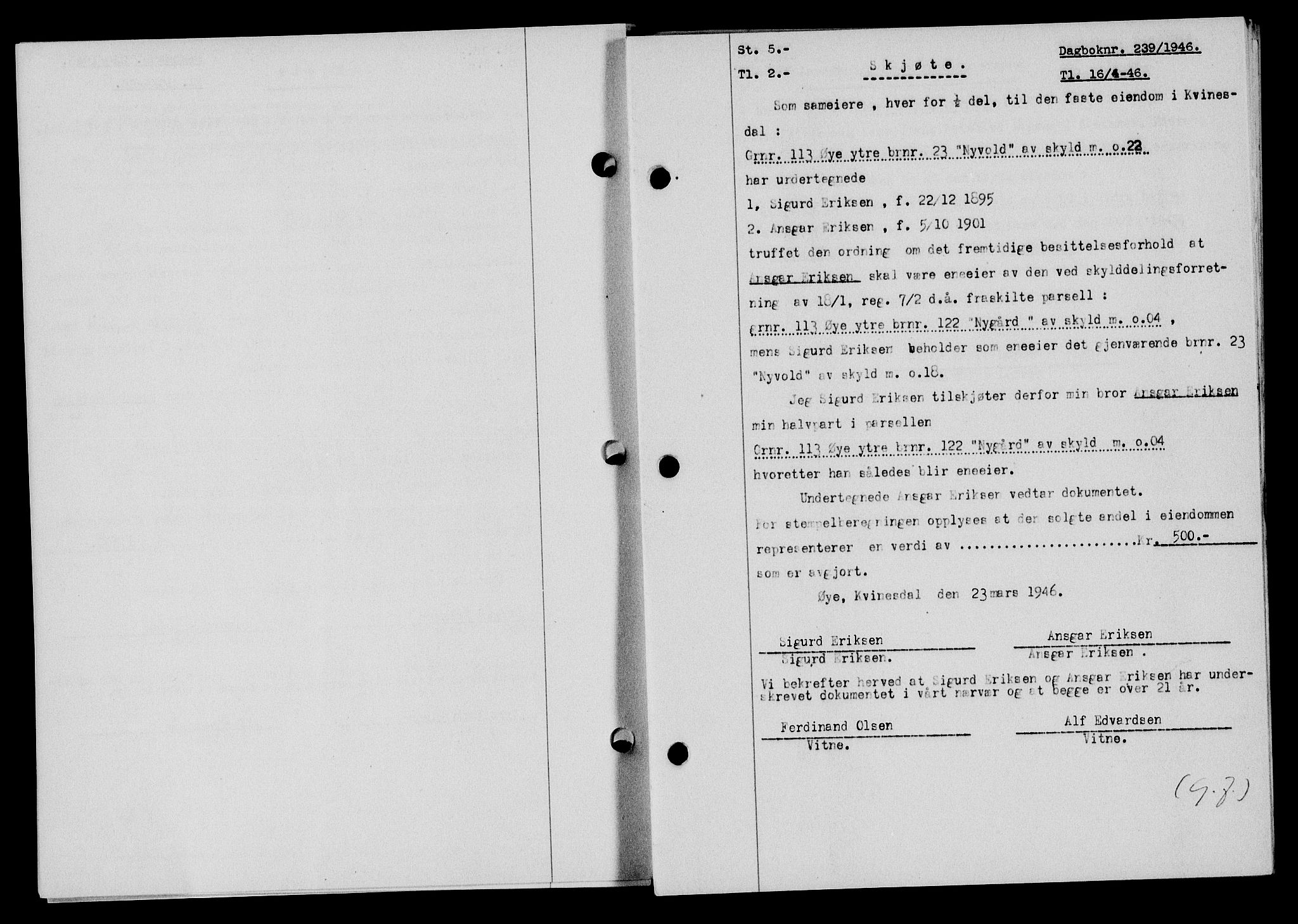 Flekkefjord sorenskriveri, SAK/1221-0001/G/Gb/Gba/L0060: Mortgage book no. A-8, 1945-1946, Diary no: : 239/1946