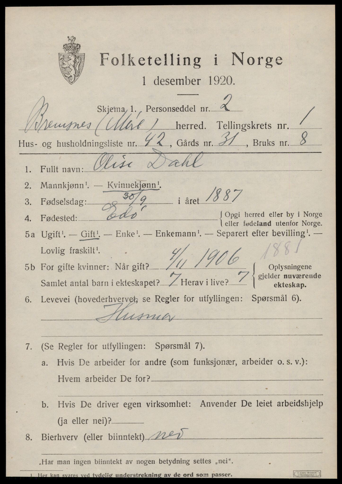 SAT, 1920 census for Bremsnes, 1920, p. 2015