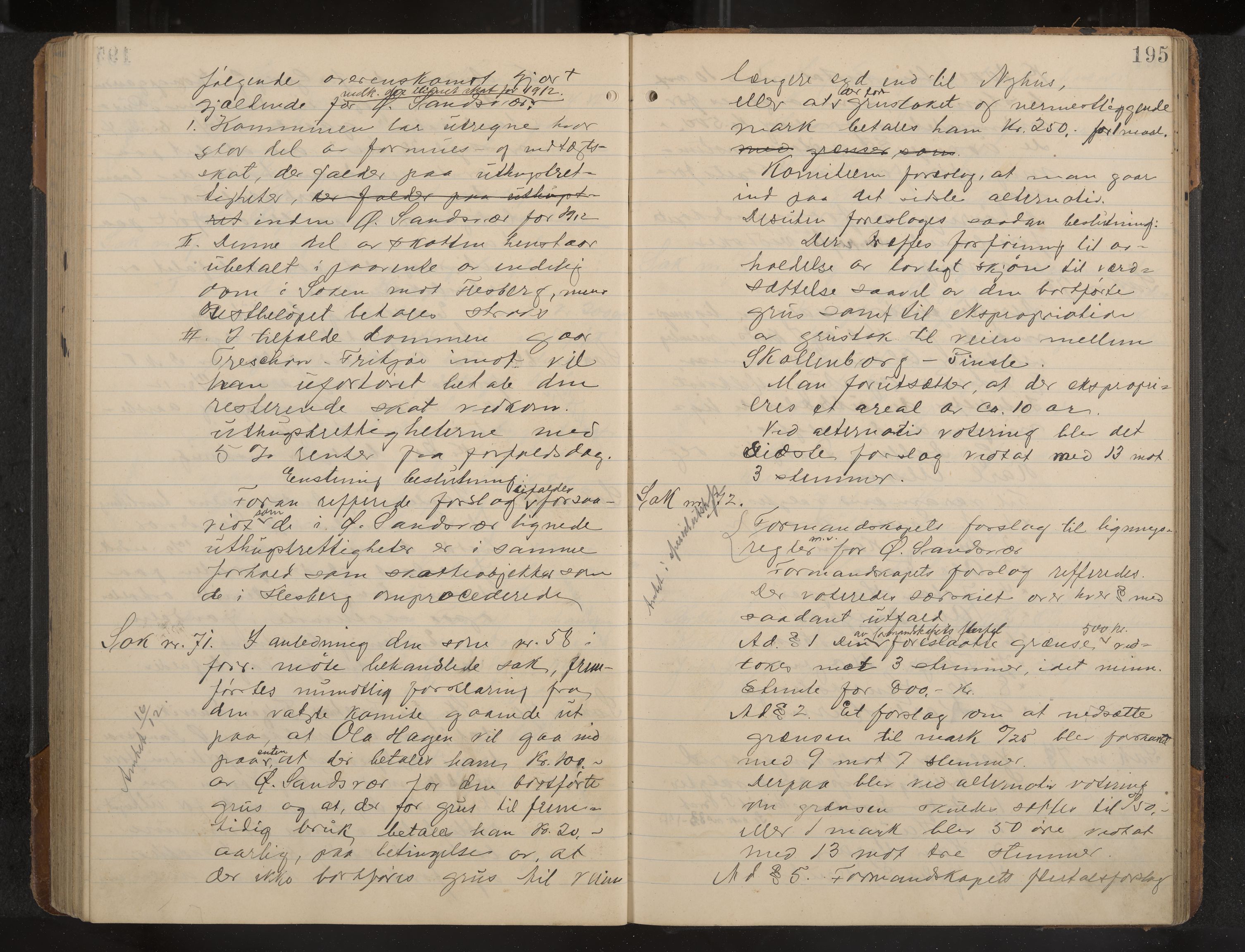 Øvre Sandsvær formannskap og sentraladministrasjon, IKAK/0630021/A/L0001: Møtebok med register, 1908-1913, p. 195