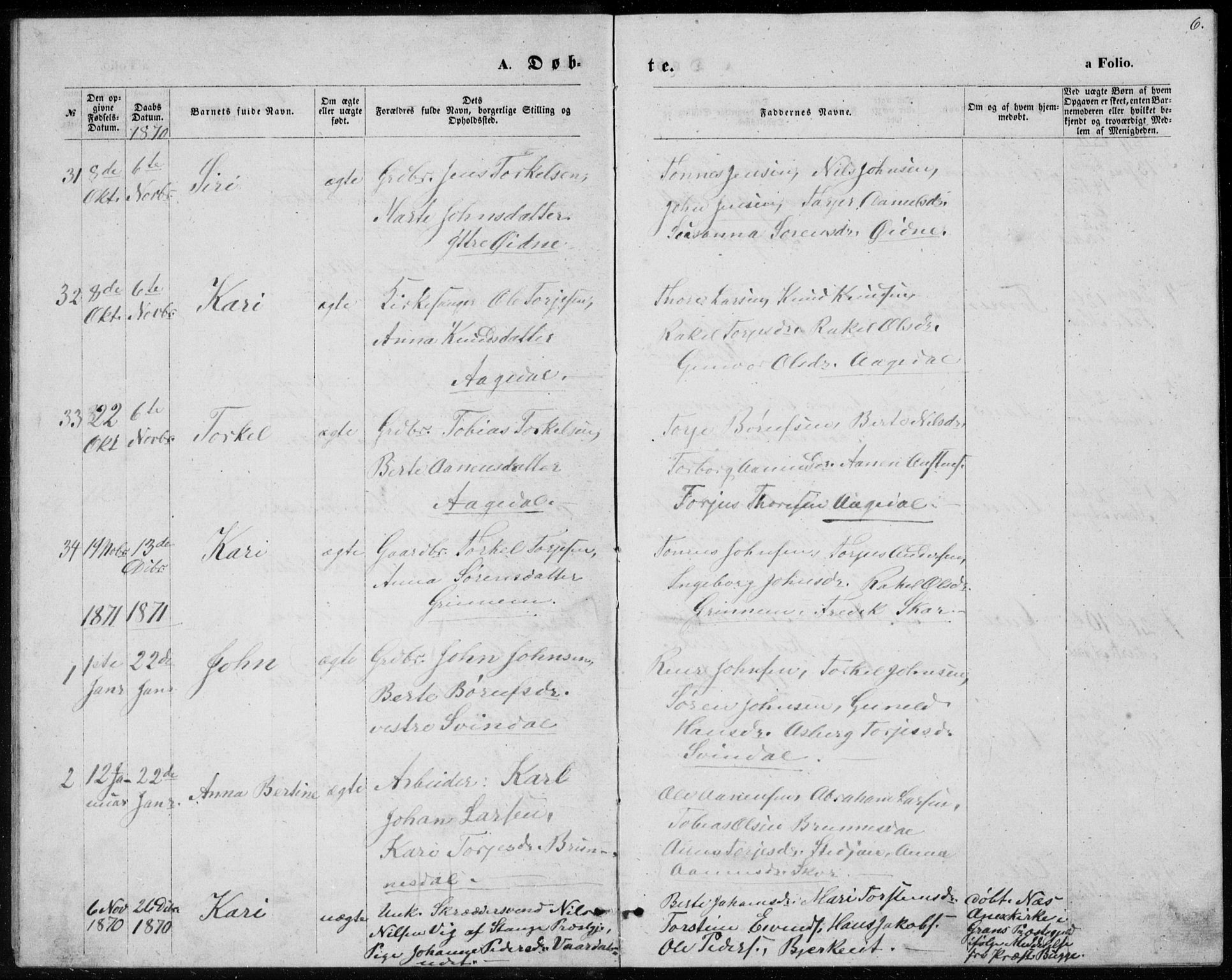 Bjelland sokneprestkontor, SAK/1111-0005/F/Fb/Fbc/L0002: Parish register (copy) no. B 2, 1867-1887, p. 6