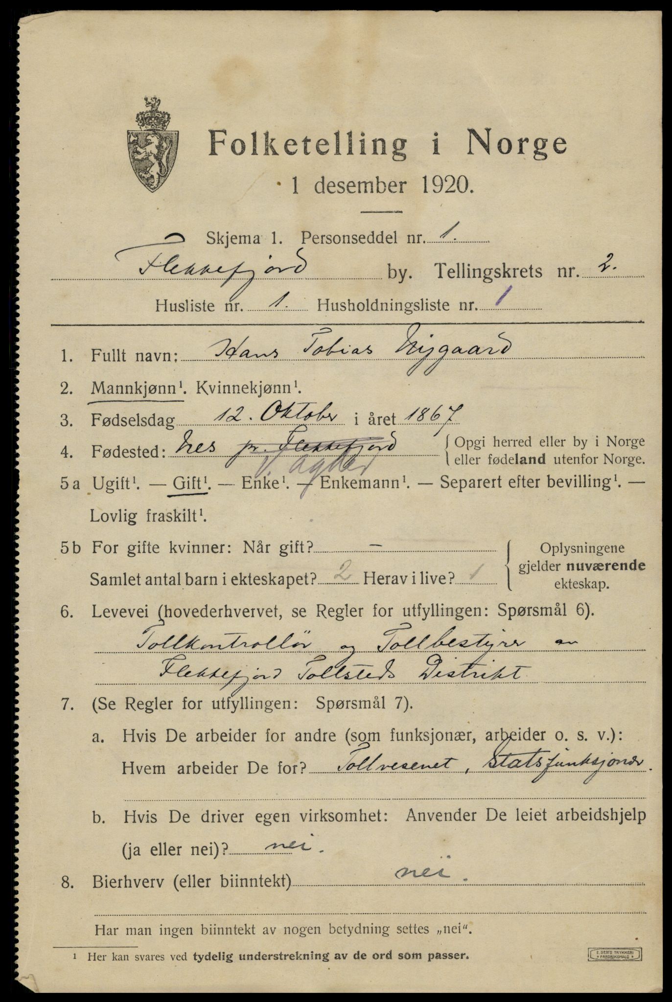 SAK, 1920 census for Flekkefjord, 1920, p. 2492