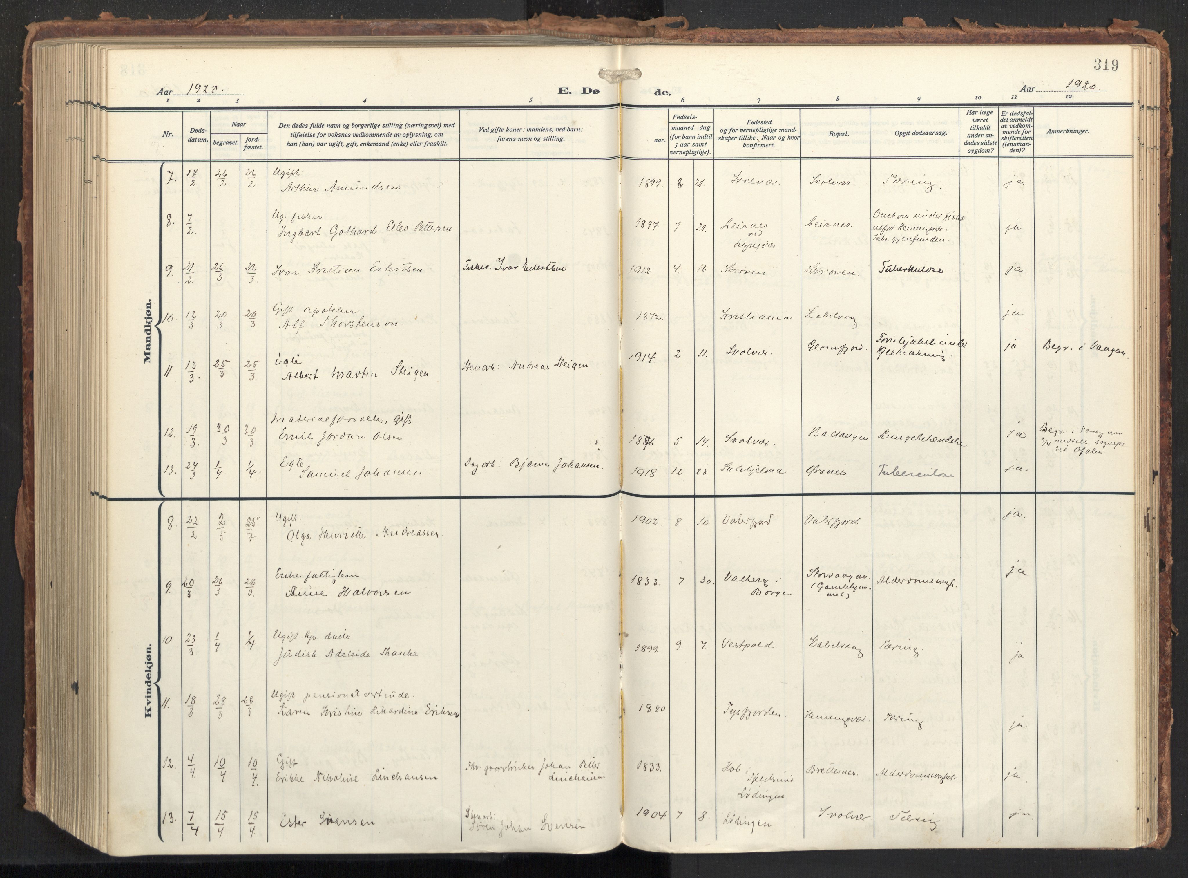 Ministerialprotokoller, klokkerbøker og fødselsregistre - Nordland, SAT/A-1459/874/L1064: Parish register (official) no. 874A08, 1915-1926, p. 319