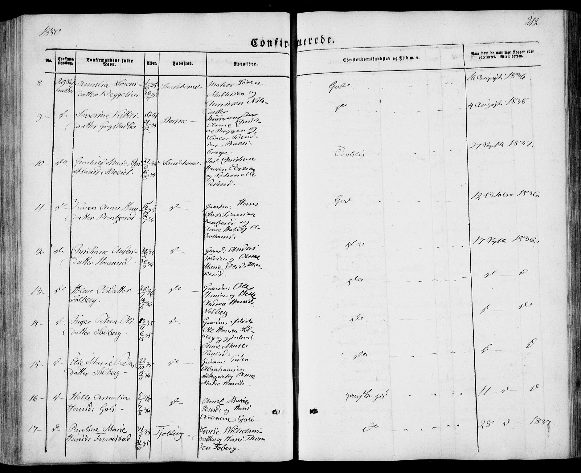 Sandar kirkebøker, SAKO/A-243/F/Fa/L0006: Parish register (official) no. 6, 1847-1860, p. 212