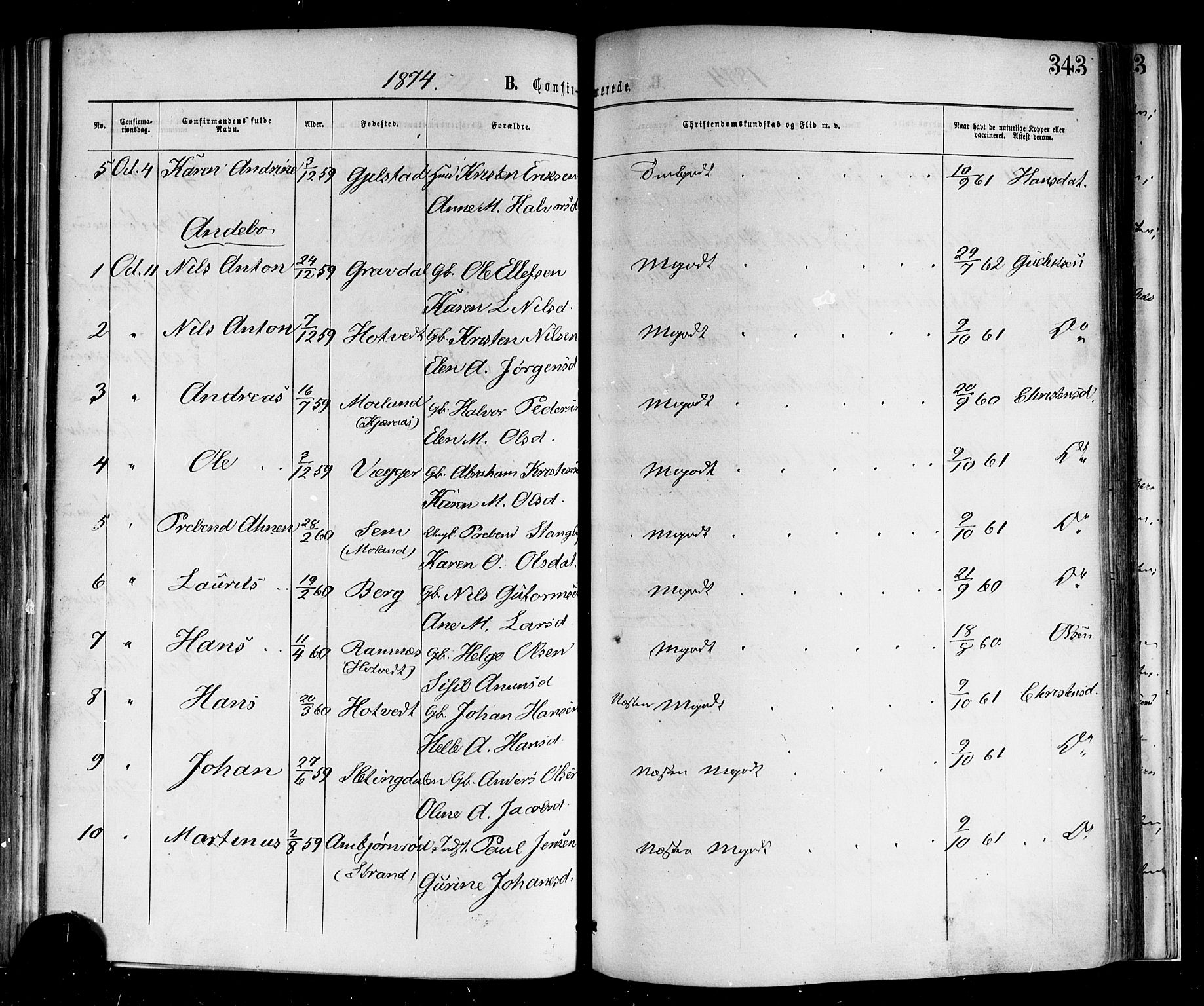 Andebu kirkebøker, AV/SAKO-A-336/F/Fa/L0006: Parish register (official) no. 6, 1871-1878, p. 343