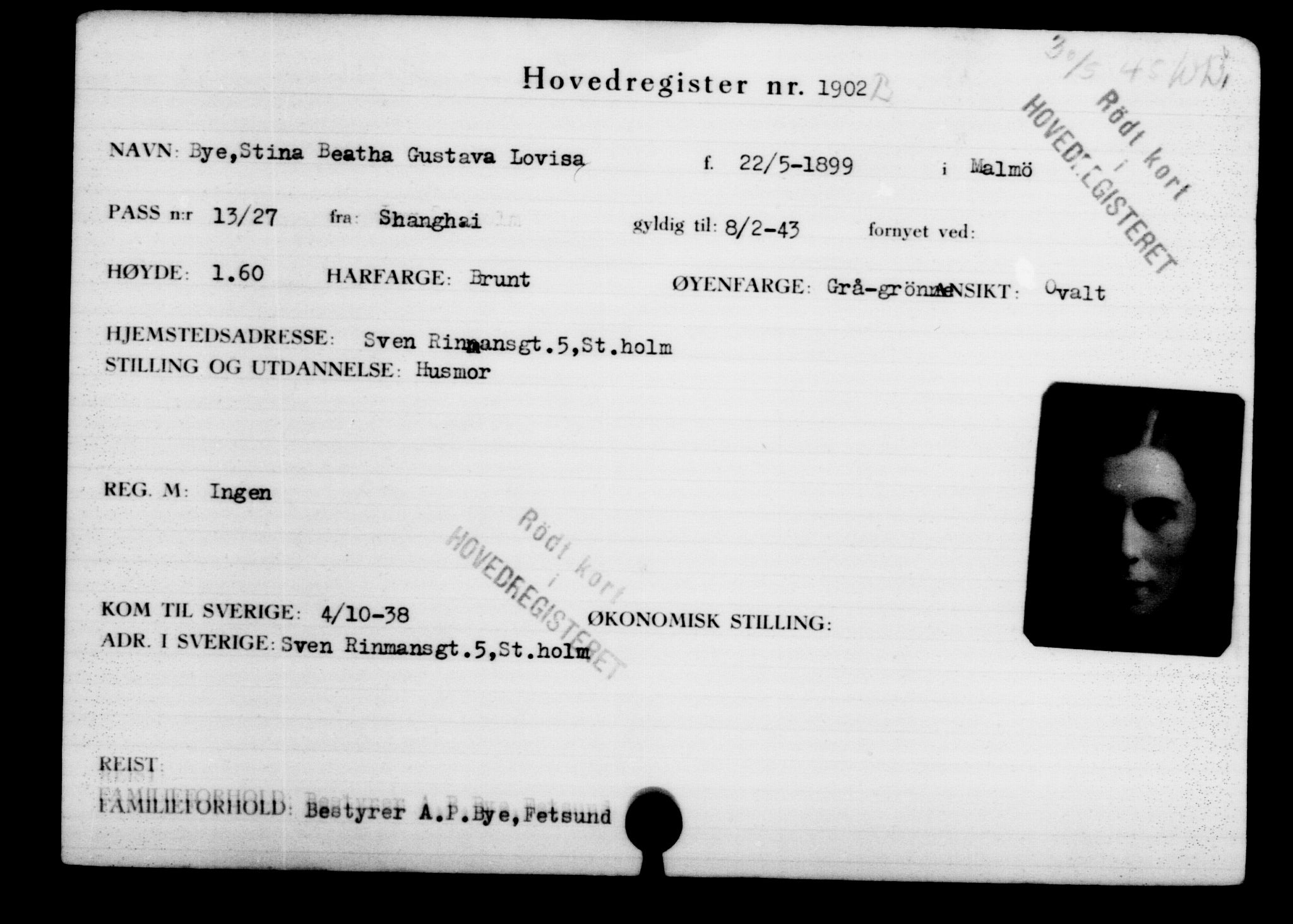 Utenriksstasjonene, Legasjonen i Stockholm, Flyktningkontoret, AV/RA-S-6753/V/Va/L0002: Kjesäterkartoteket, flyktninger med registreringsnr. 1001-2000, 1940-1945, p. 1284