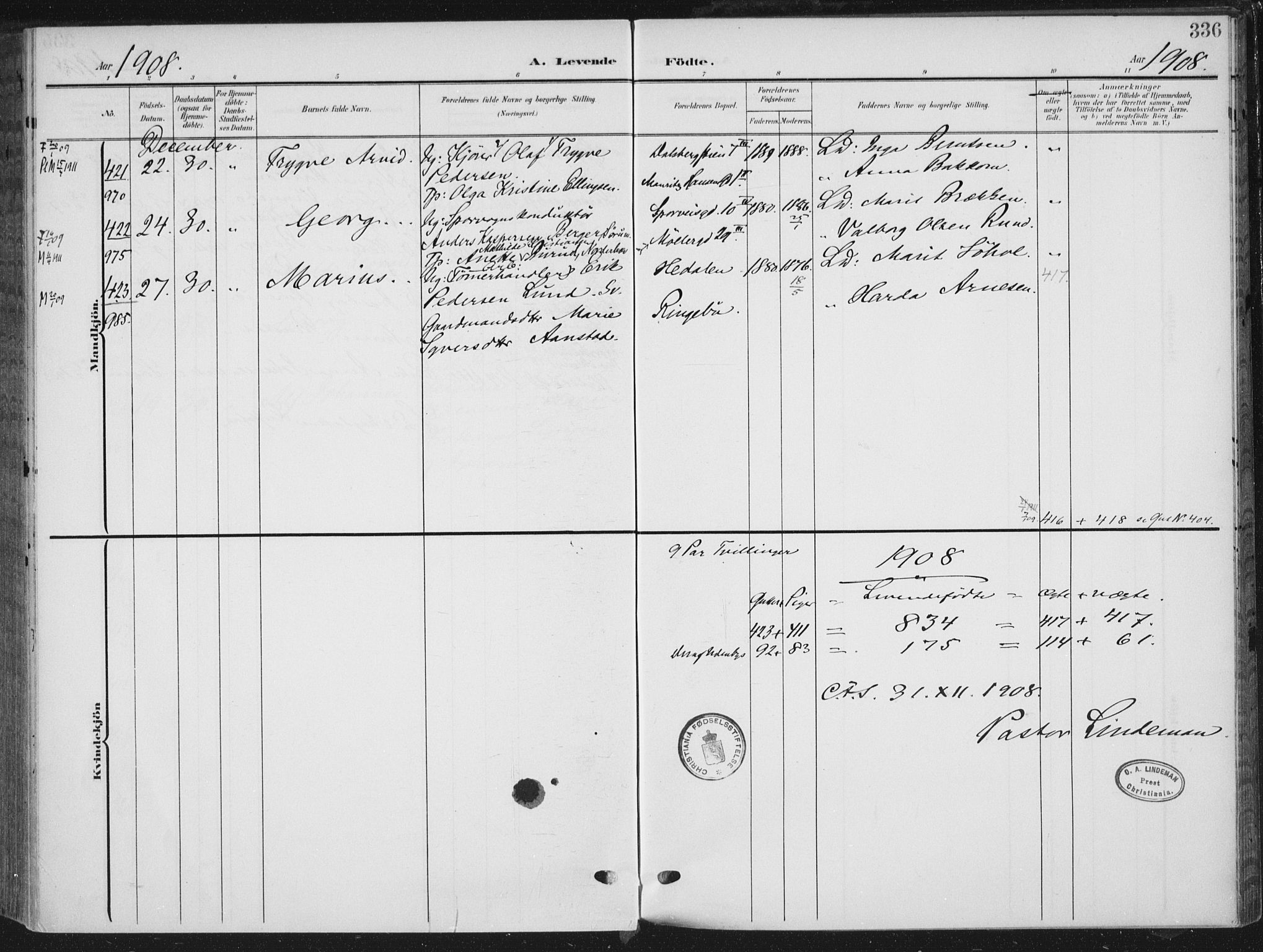 Rikshospitalet prestekontor Kirkebøker, AV/SAO-A-10309b/F/L0013: Parish register (official) no. 13, 1905-1908, p. 336