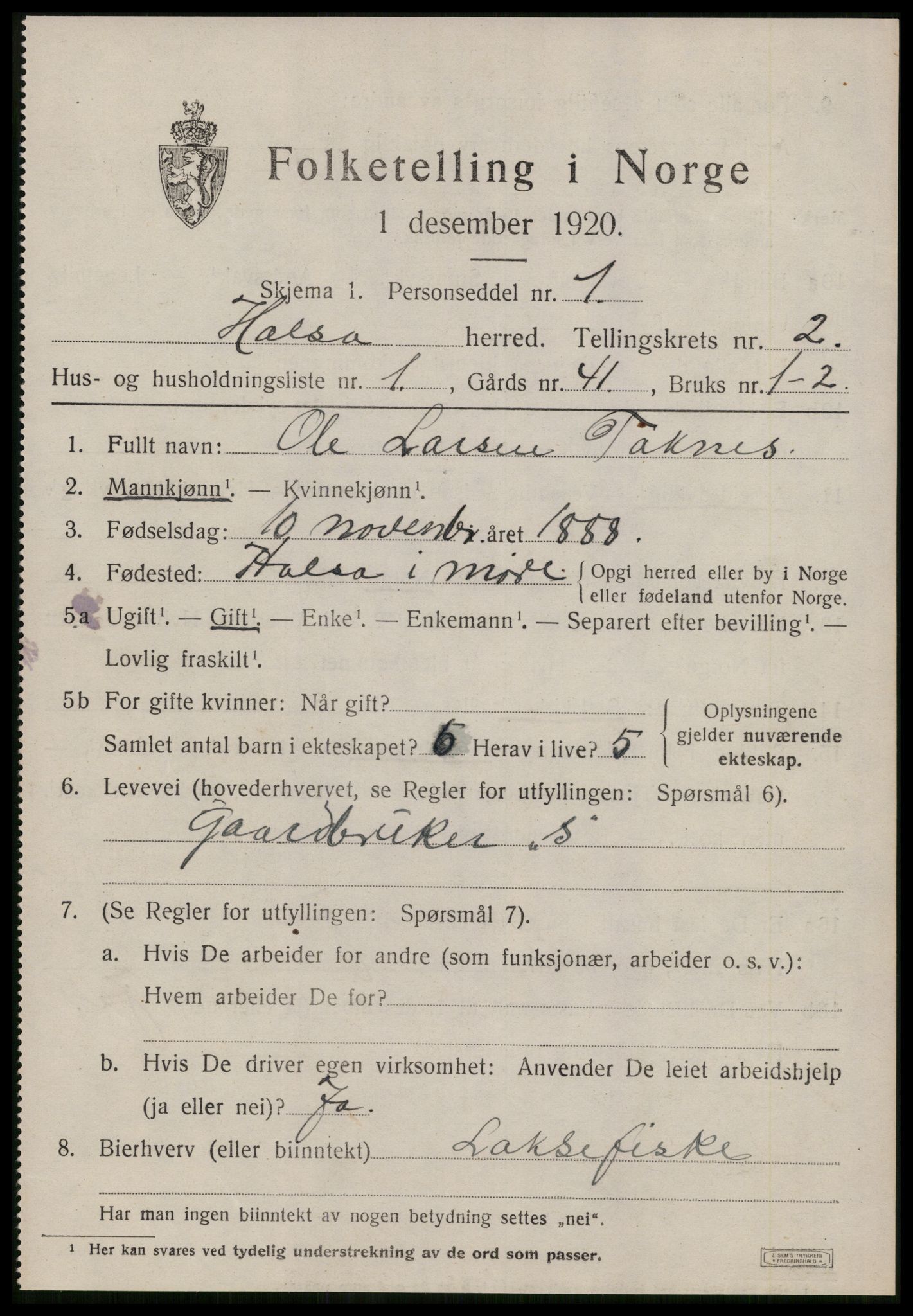 SAT, 1920 census for Halsa, 1920, p. 898