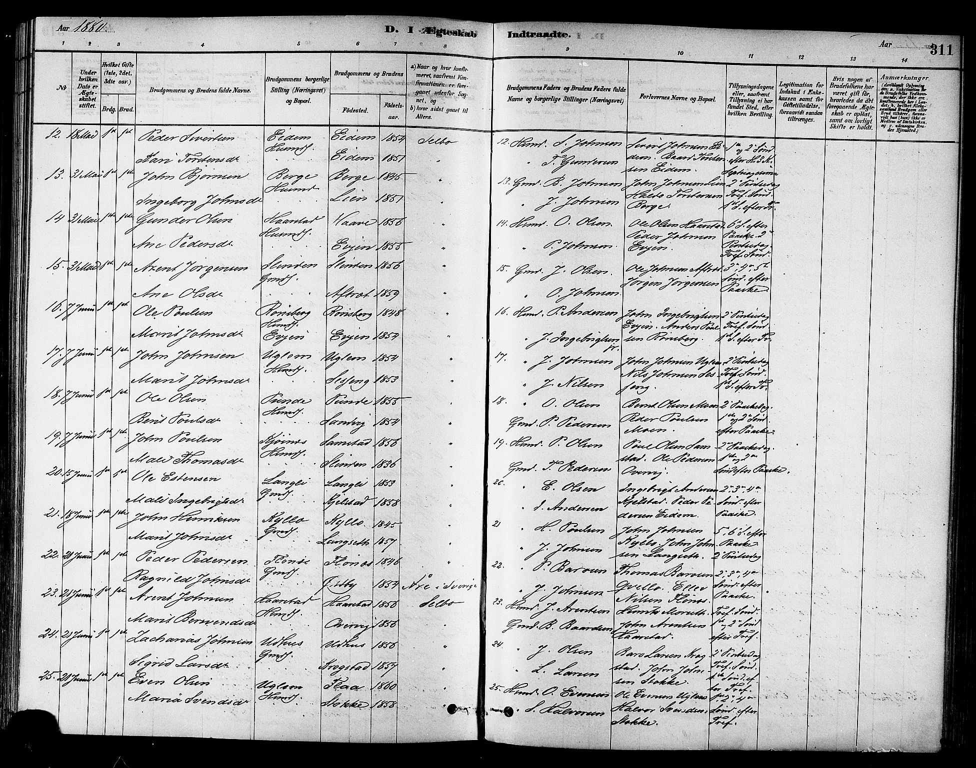 Ministerialprotokoller, klokkerbøker og fødselsregistre - Sør-Trøndelag, SAT/A-1456/695/L1148: Parish register (official) no. 695A08, 1878-1891, p. 311